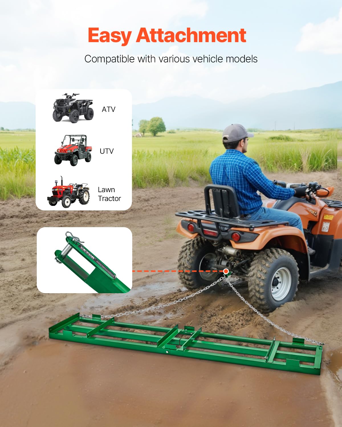 VEVOR Erpice Trainato per Impieghi Gravosi con Barre Regolabili e Catena, per Vialetti per ATV, UTV, Trattore, Tosaerba Trainato Dietro Strumento di Livellamento del Prato Cortile 2435 mm