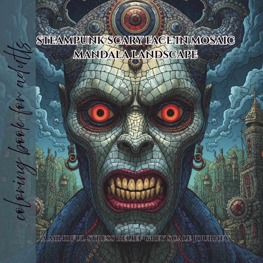 steampunk scary face in mosaic mandala landscape: a mindful stress relief grey scale journey