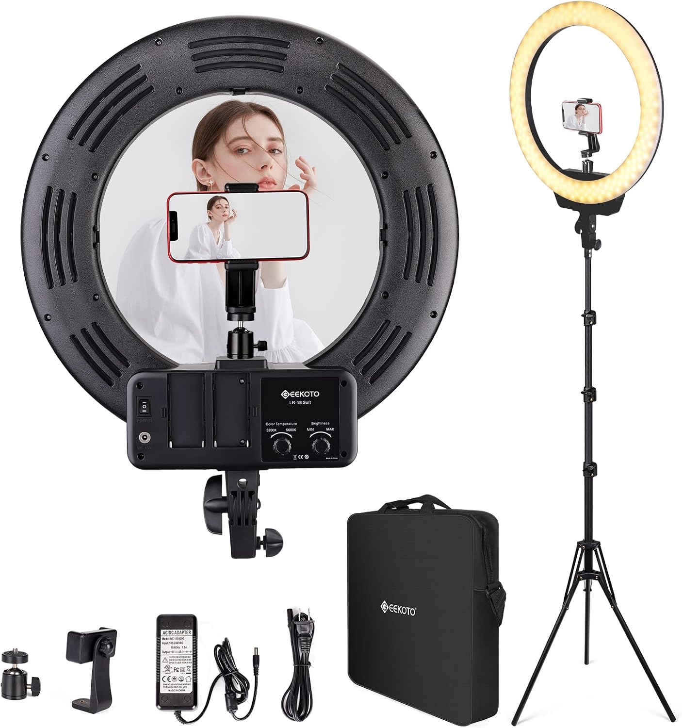 GEEKOTO 18-inch LED Ring Light for Phone and Camera, 48W, 3200k-5600k Ring Light with Stand and Phone Holder for Photography, Makeup, Video Shooting