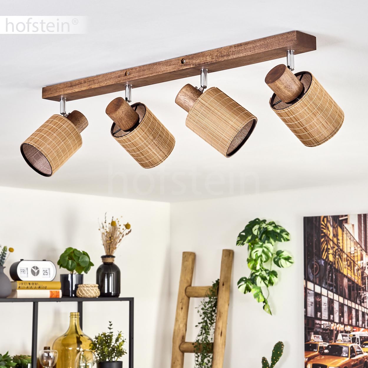 Plafoniera Kinnared, lampada da soffitto moderna in legno/metallo/bambù in marrone scuro/cromato/naturale, lampada a 4 luci in design scandinavo con faretti regolabili, 4 x E14, senza lampadine