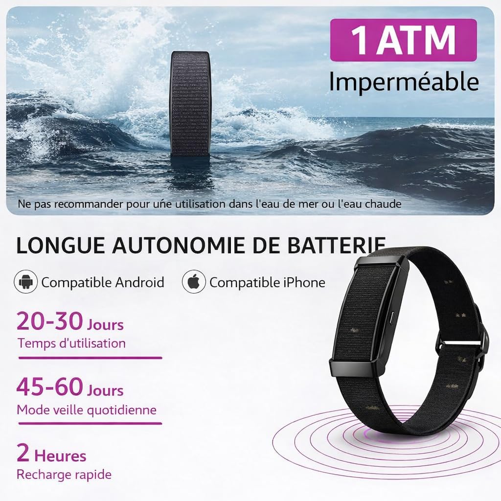 Bracelet intelligent Duckdik, Bracelet d'activité sans écran Homme Femme avec GPS intégré, Autonomie +1 Mois, Cardiofréquencemètre, SPO₂, Podomètre, Moniteur de sommeil, Notifications WhatsApp, Résist