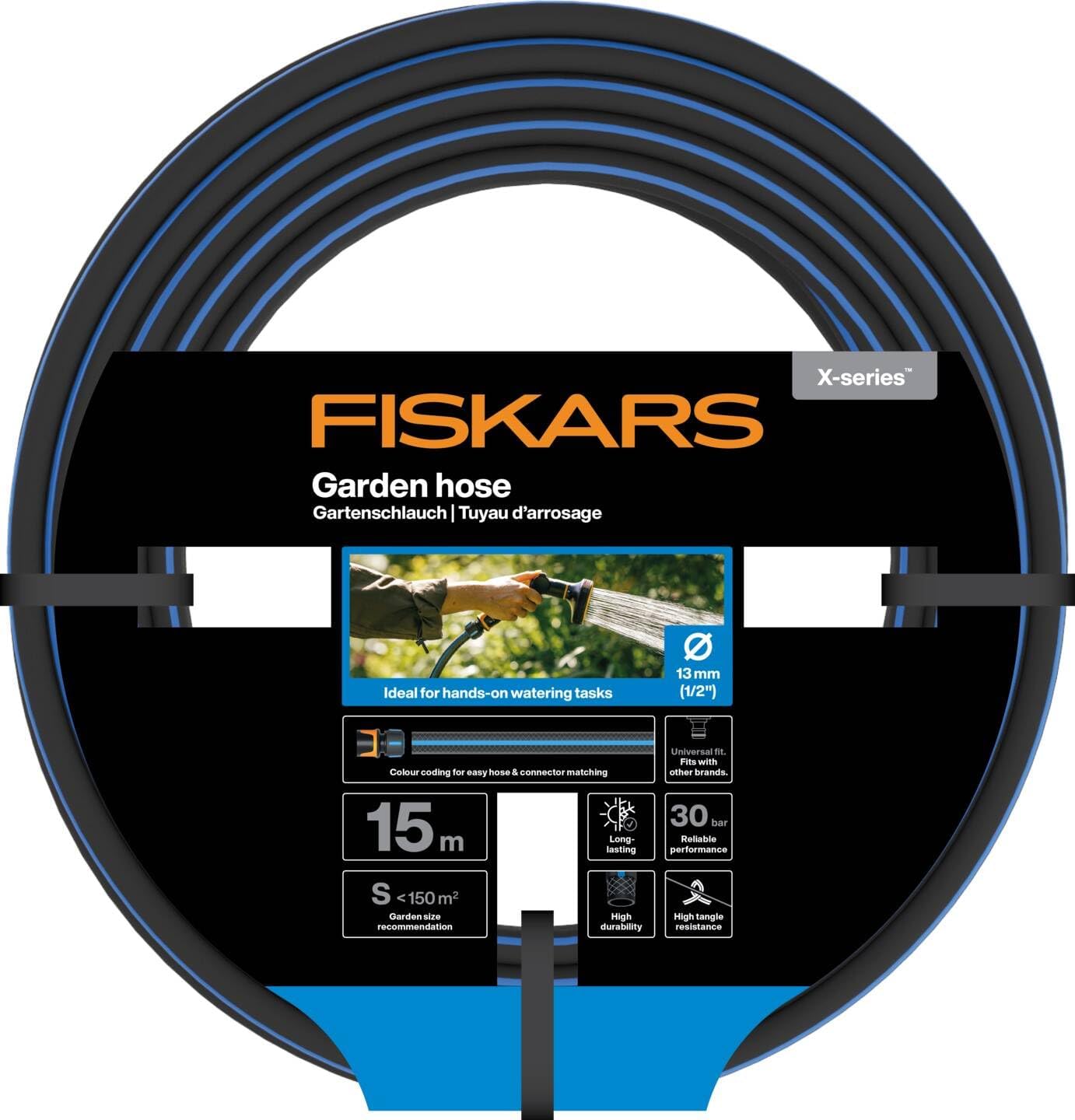 Fiskars Garden Hose S, X-series, Water Hose for Manual Watering, 13 mm (1/2 Inch), Length: 15 m, Universal Connection, UV-Protected, Frost-Protected, Torsion-Resistant, Blue, 1076044