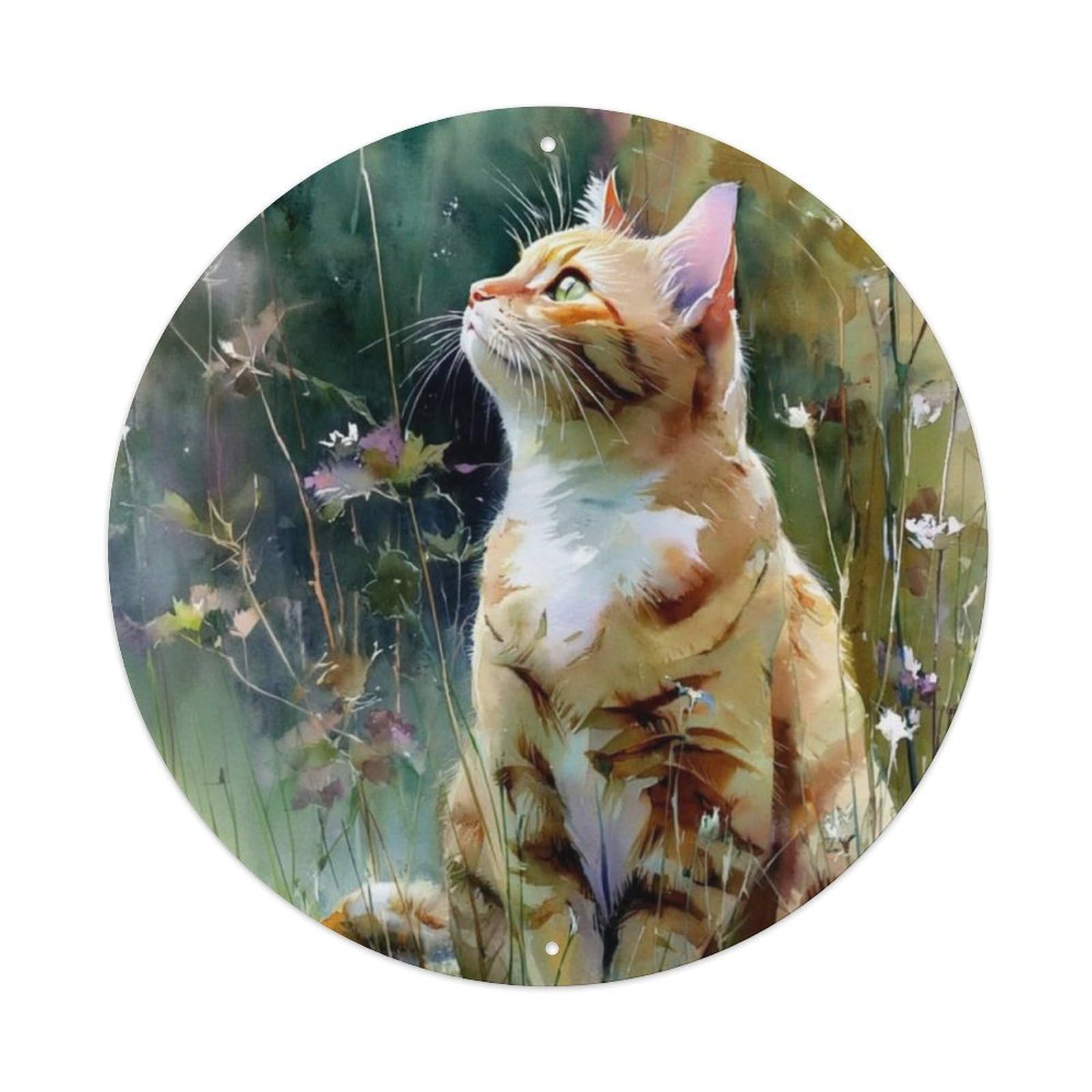 Animal Watercolor Tabby Cat Wildflower Nature Vintage Metal Tin Sign Plaque Wall Decor for Cafe, Club Bar, Office, Garden Metal Poster 8x8Inch