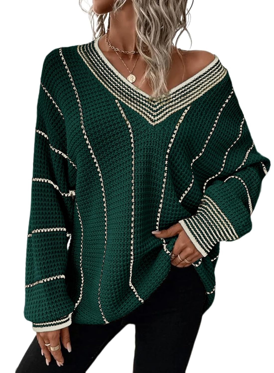 Dokotoo Womens Oversized Striped Tunic Sweaters Casual V Neck Long Sleeve Color Block Knit Pullover Jumper Tops