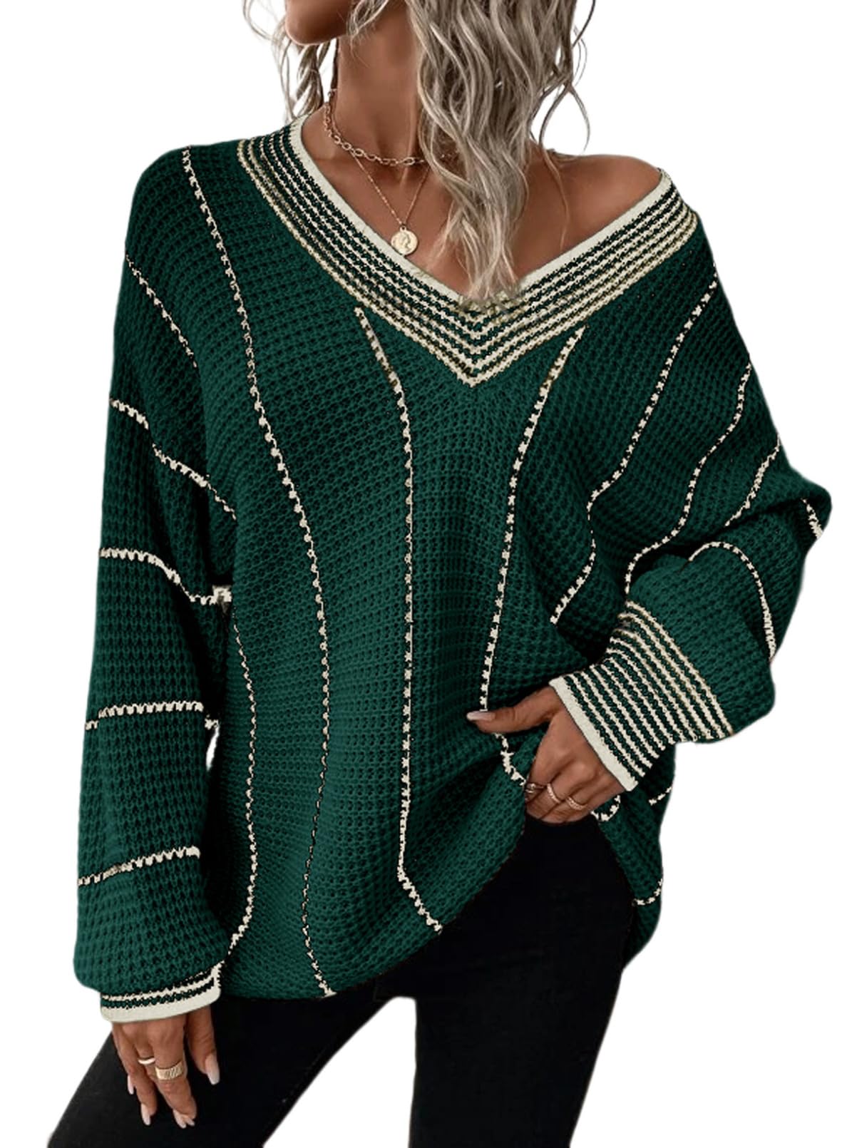 Dokotoo Womens Oversized Striped Tunic Sweaters Casual V Neck Long Sleeve Color Block Knit Pullover Jumper Tops