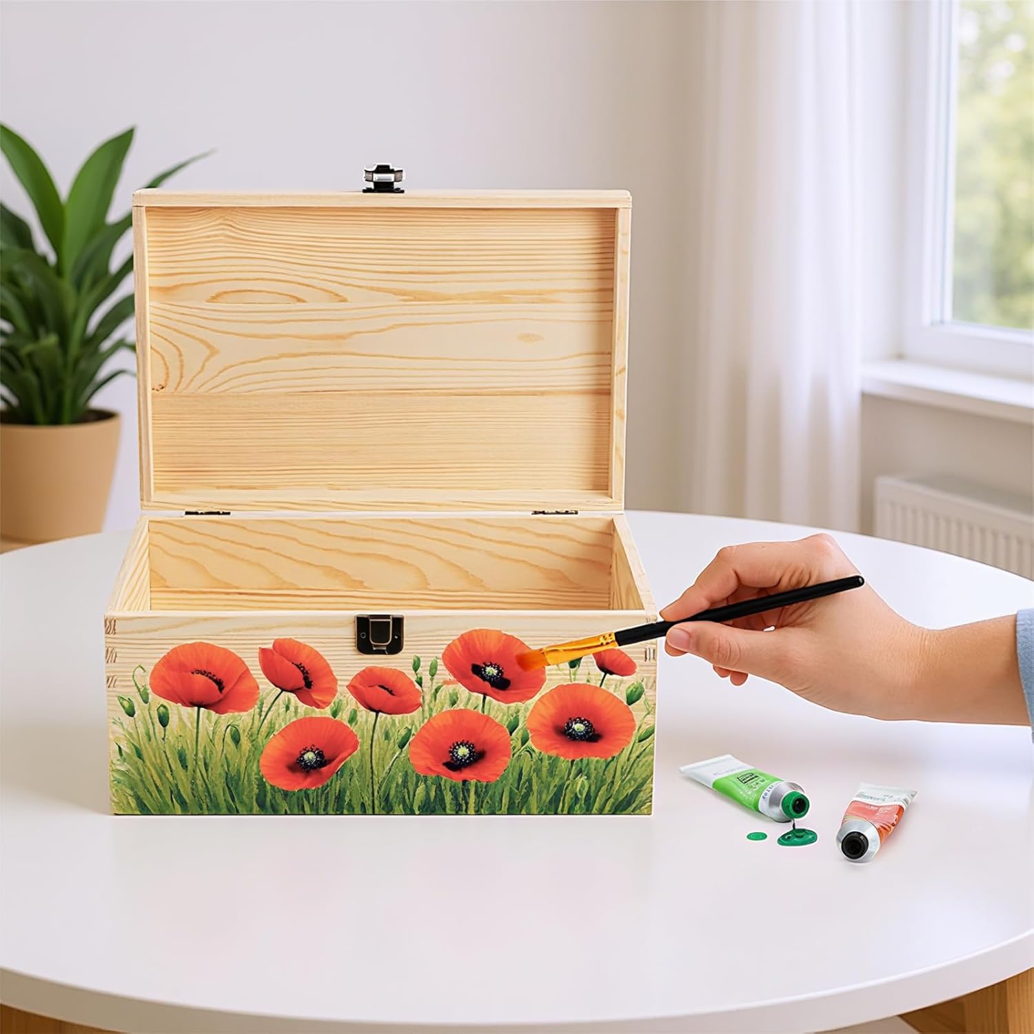 yarlung Unfinished Wooden Box with Hinged Lid, 12 x 8 x 6 Inch Large Memory Box for Crafts, Unpainted DIY Gifts Box for Jewelry Storage, Treasure Chest, Art Hobbies, Front Clasp