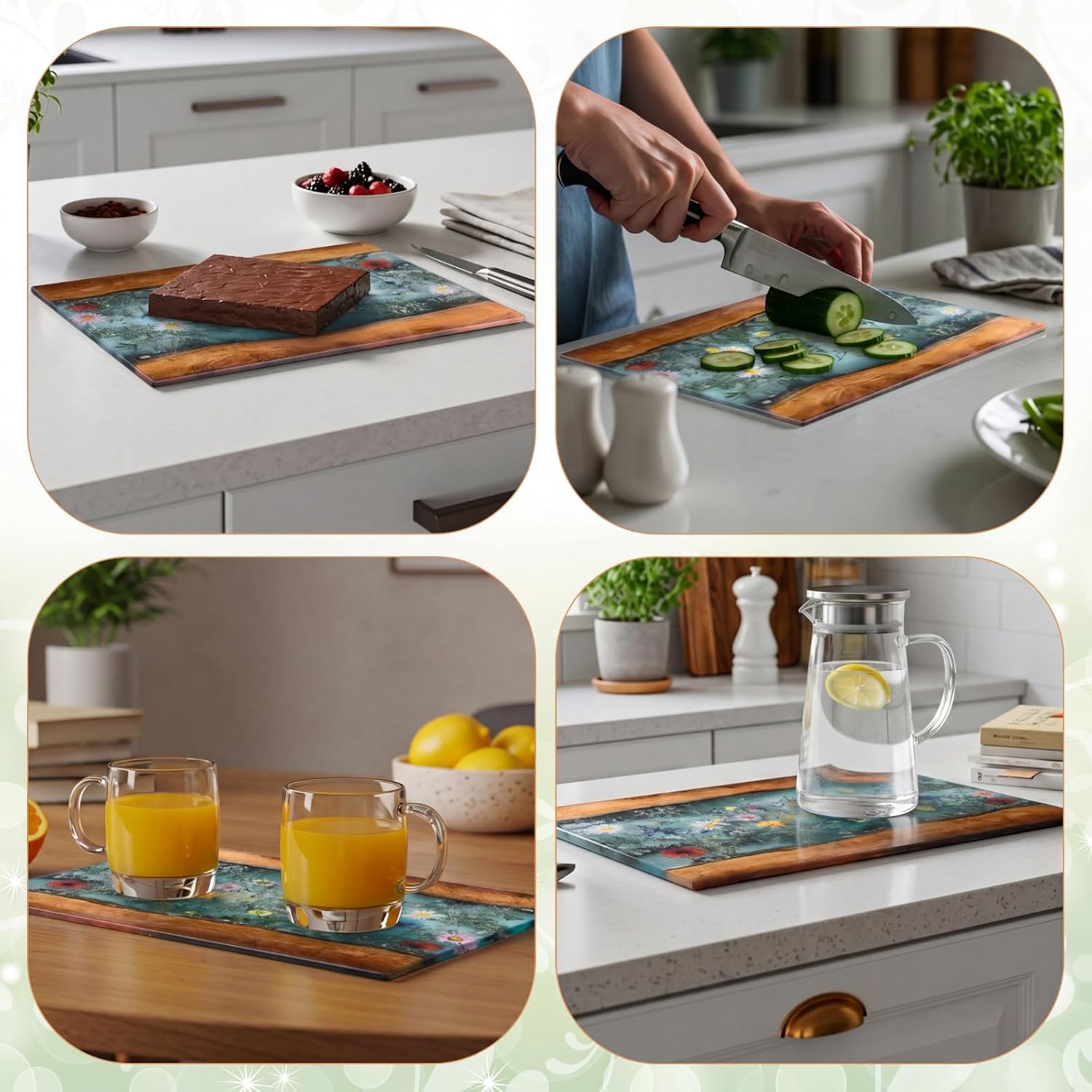 Maple Wildflower Glass Cutting Board 11x15 Inch Large Tempered for Kitchen