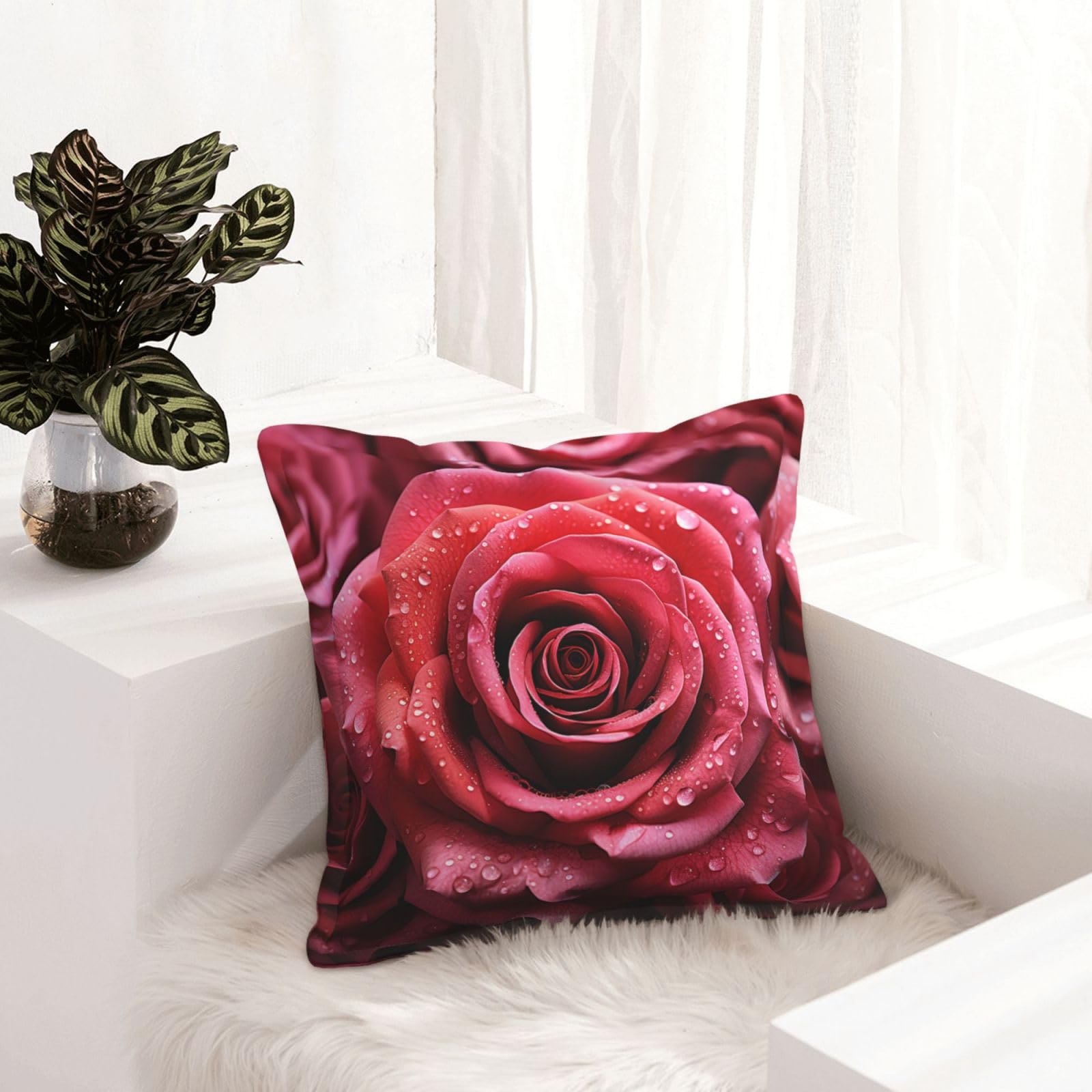Housse de coussin en similicuir motif rose pour décoration salon