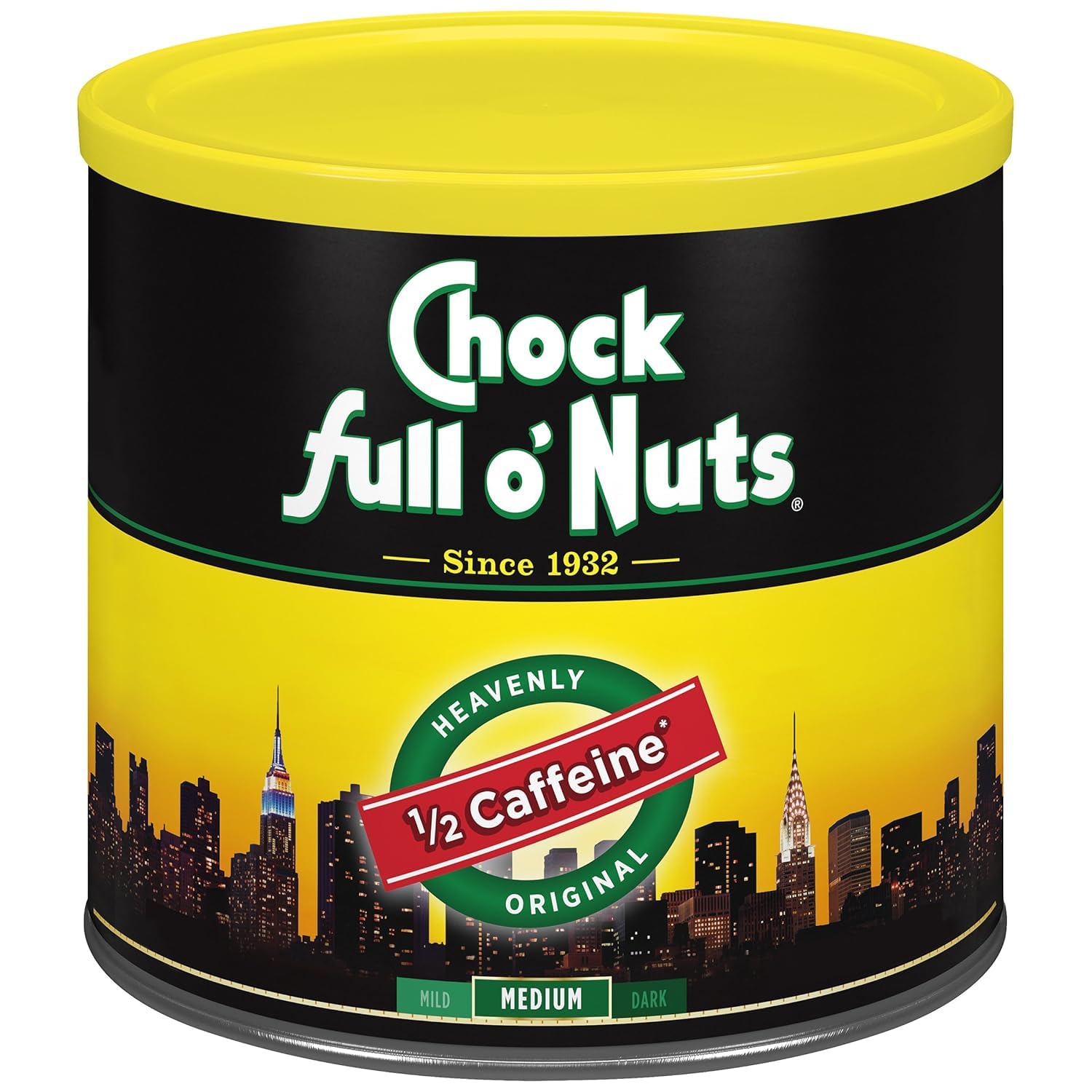 Chock Full o' Nuts Heavenly Original Half Caffeine Ground Coffee – Premium Beans in Recyclable Steel Can – Rich Flavor & Aroma, Medium Roast – Perfect