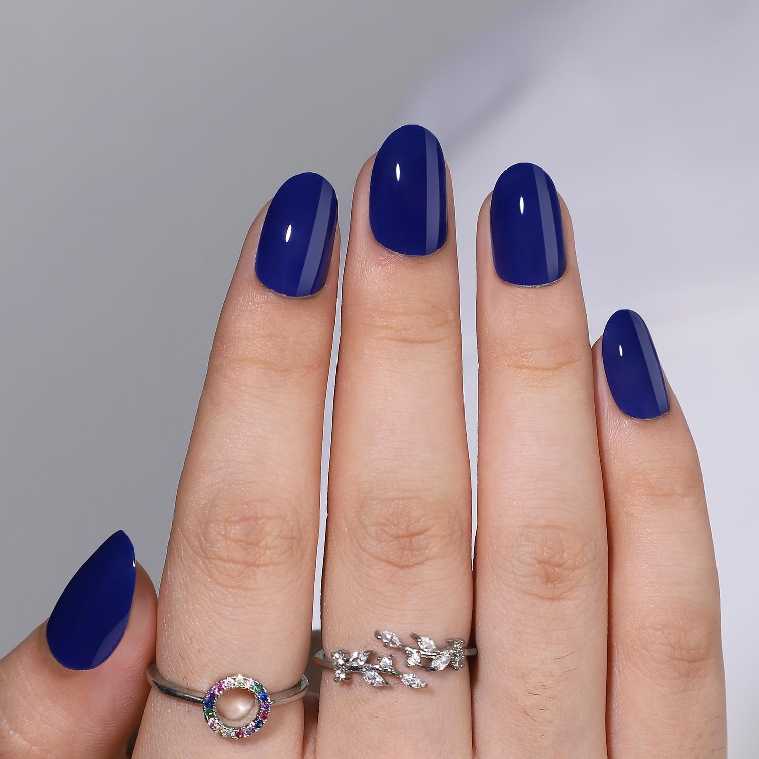 Short Almond Press on Nails Blue Glossy Fake Nails with Chrome Designs Glue on Nails Thickened Salon Quality False Nails Full Cover Stick on Nails