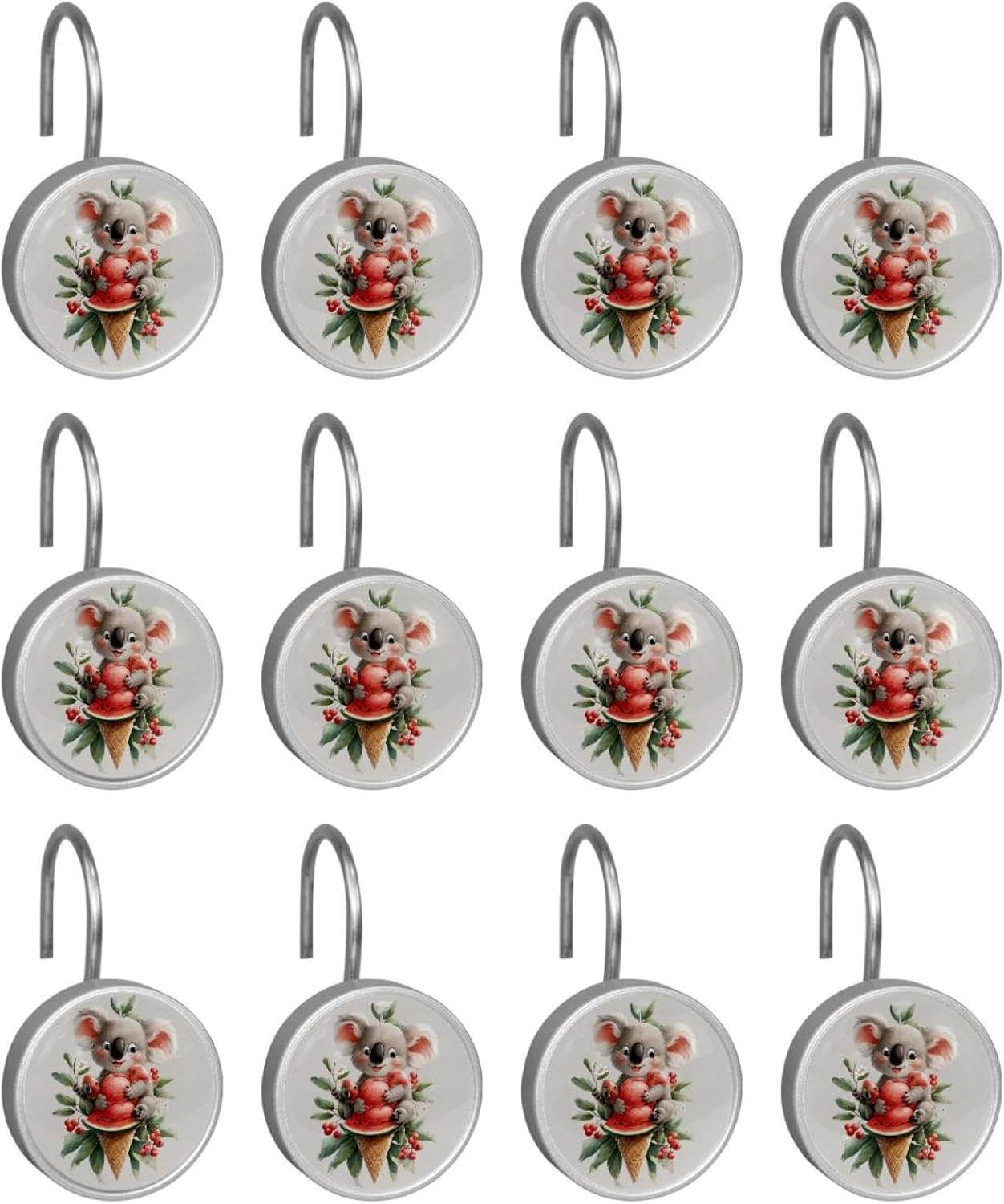 Shower Curtain Hooks Set of 12, Cute Koala in Tree Ice Cream Watermelon Shower Curtain Rings for Bathroom, Rust Resistant Shower Curtain Hangers Bathroom Decor Accessories