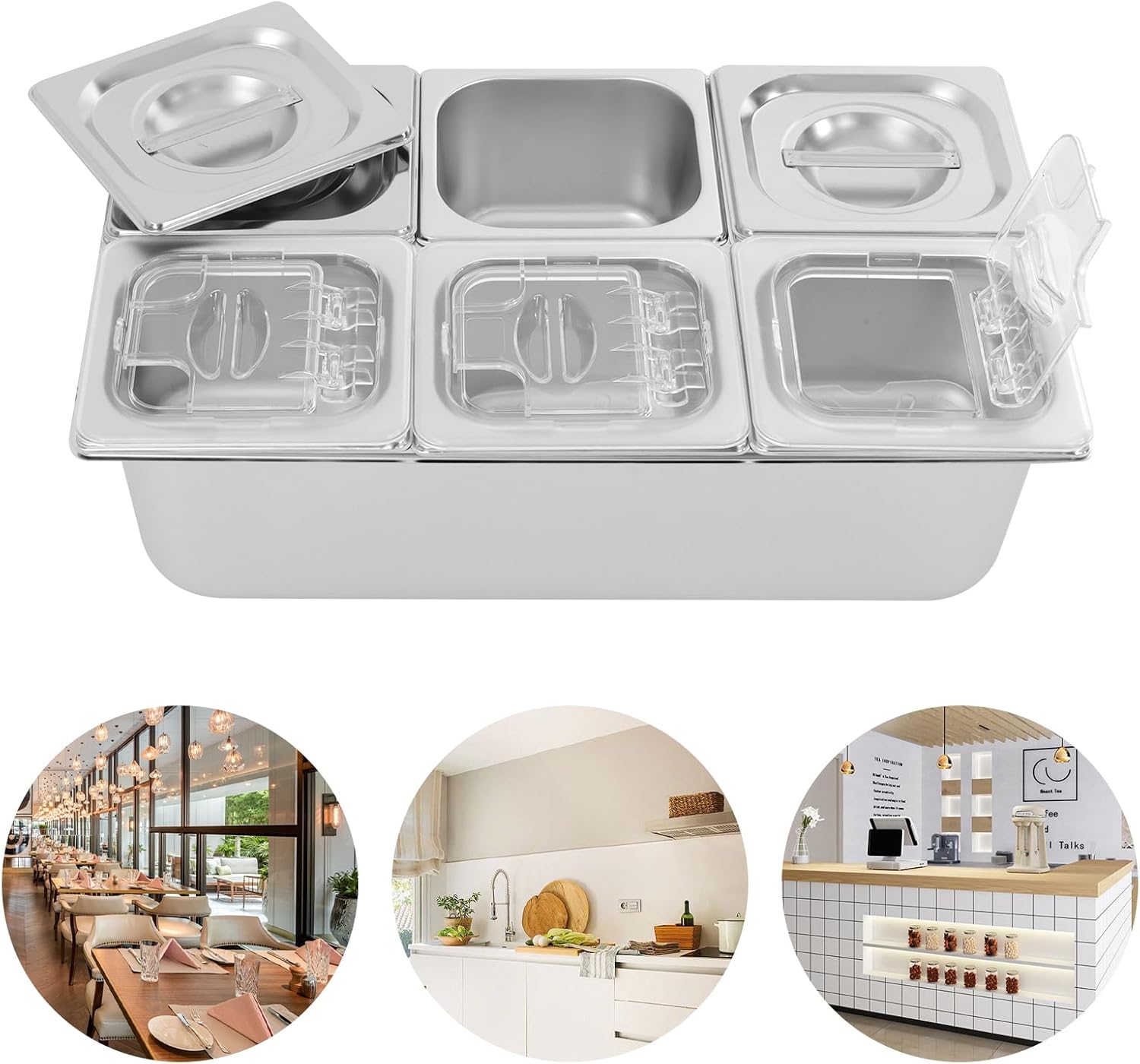 Countertop Food Serving Display Container, 6 Pan Stainless Steel Food Serving Tray with Acrylic Replaceable Lids and Water-filtering Gaskets, Buffet Condiment Dispenser Display Rack