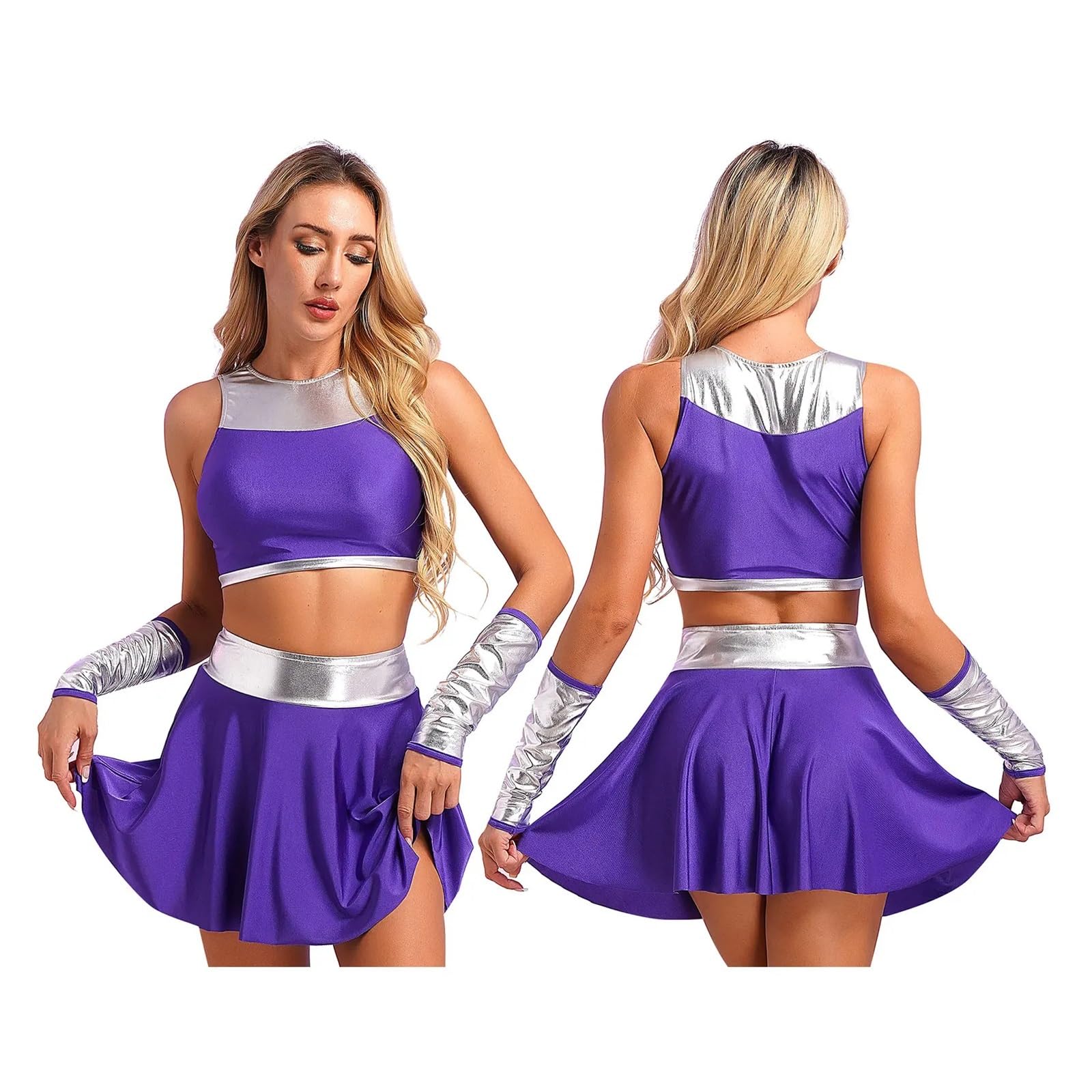 Cheerleader Kostüme Damen Halloween Metallic Patchwork Anzug Cheerleading Outfits Ärmelloses Crop Top Handschuhe und Mini Swing Rock Cosplay Kostüme(L)