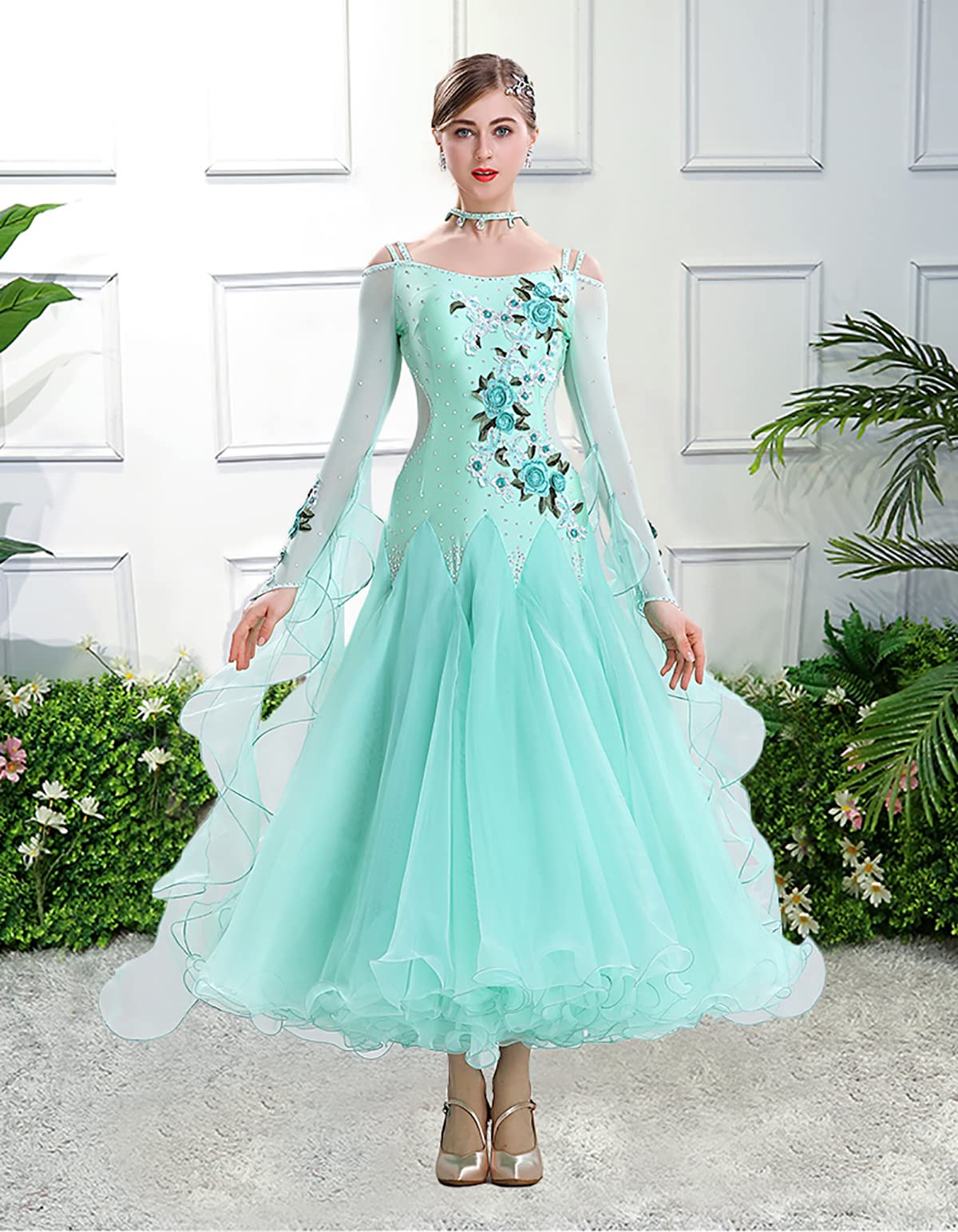 Damskie kostiumy do tańca lirycznego narodowego standard tańca moda seksowna sukienka chusta solidna siatka zwiewna długa tiulowa impreza elegancka sukienka odzież performance (rozmiar L, zielony)