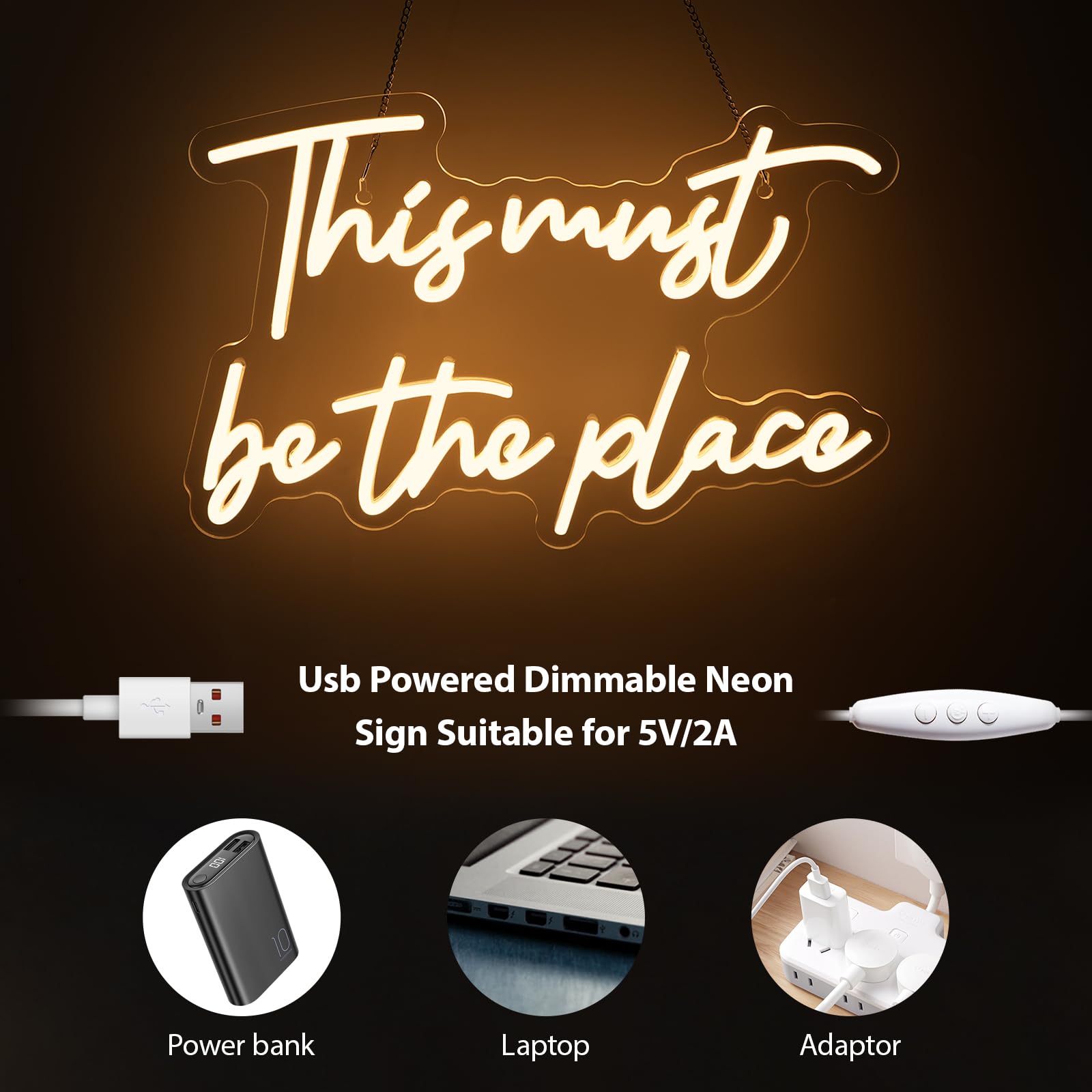 Neonschild mit Aufschrift "This Must Be The Place", warmweiß, Buchstaben-LED-Schilder für Wanddekoration, USB-Wort-Leuchtschilder für Schlafzimmer, Salon, Männerhöhle, Bier, Zuhause, Bar, Hochzeit