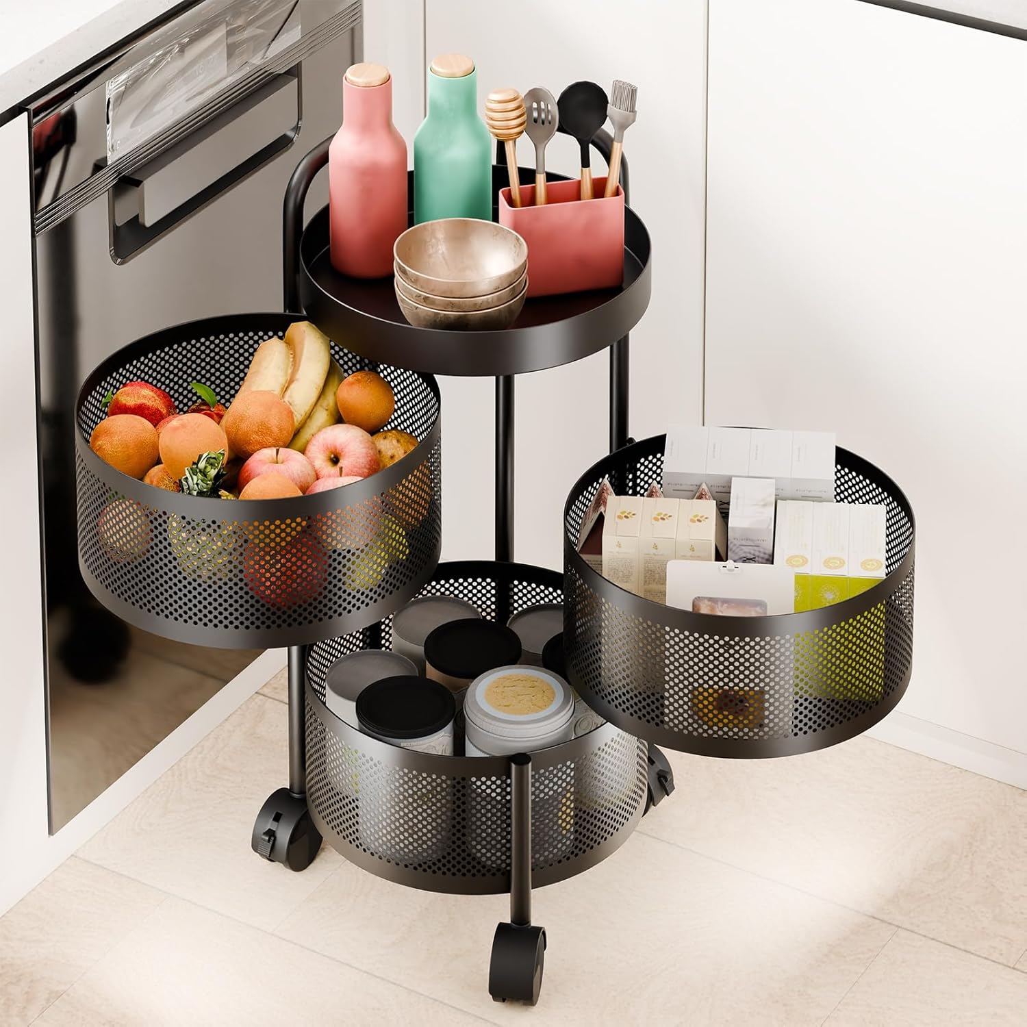 Rotating Storage Rack, 3/4 Tier Fruit & Veg Mesh Basket, Rolling Metal Cart with 360 Wheels, Space-Saving Organizer for Kitchen, Bathroom, Pantry