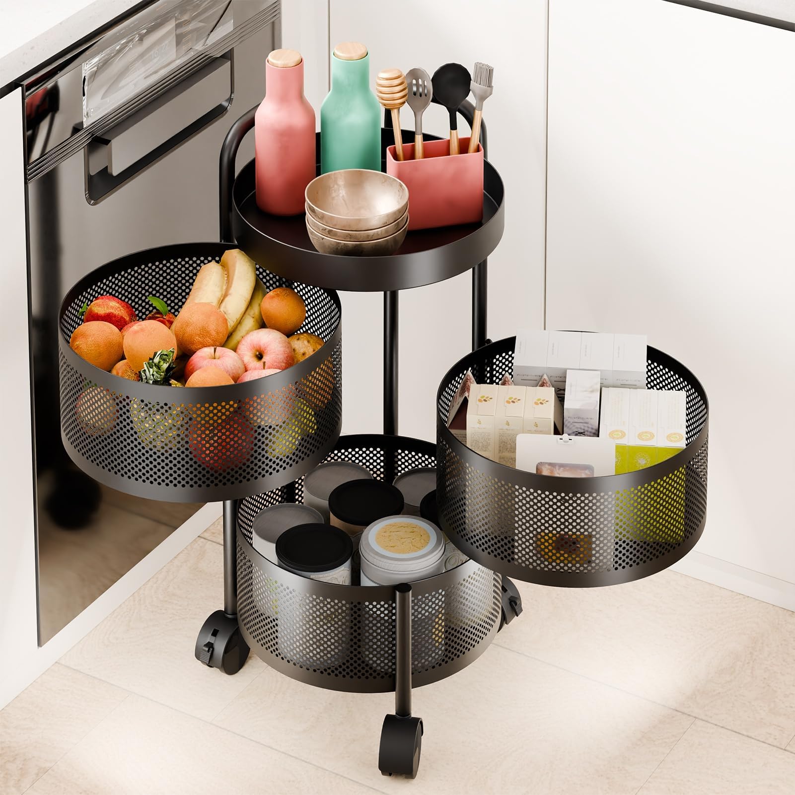 Rotating Storage Rack, 3/4 Tier Fruit & Veg Mesh Basket, Rolling Metal Cart with 360 Wheels, Space-Saving Organizer for Kitchen, Bathroom, Pantry