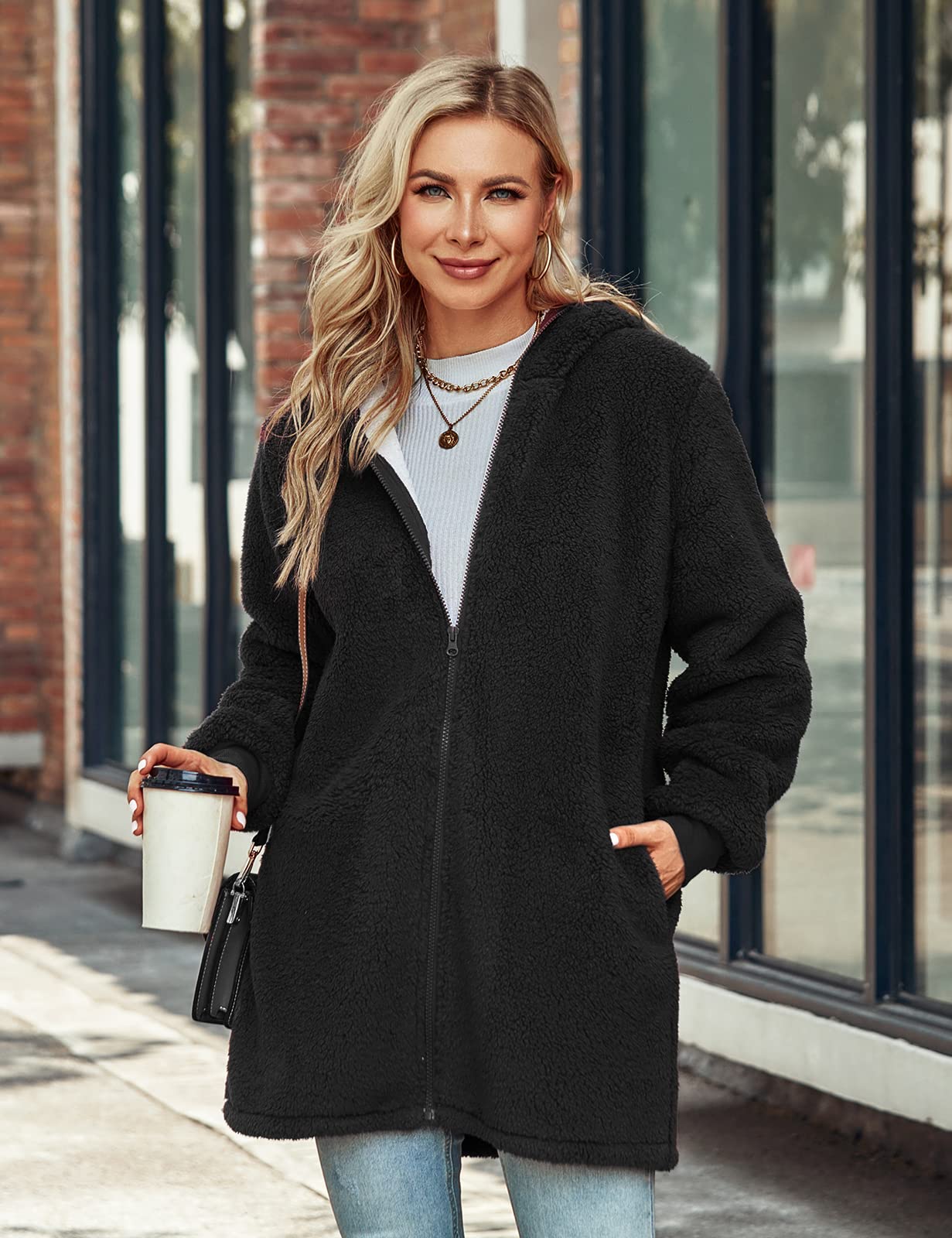 Voqeen Sweat à Capuche Zippé Femme Chaud en Polaire Sweatshirt Hoodie avec Poches Casual Sport Fitness Outdoor Basic Confortable Protection contre le froid Oversize Hiver Mode Veste