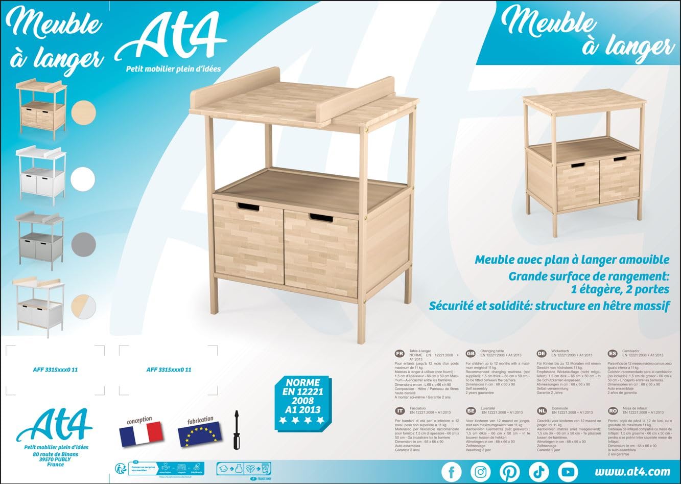AT4 - Meuble à Langer ESSENTIEL Hêtre Brut | 68 x 66 x 90 cm | Plan à langer amovible inclus