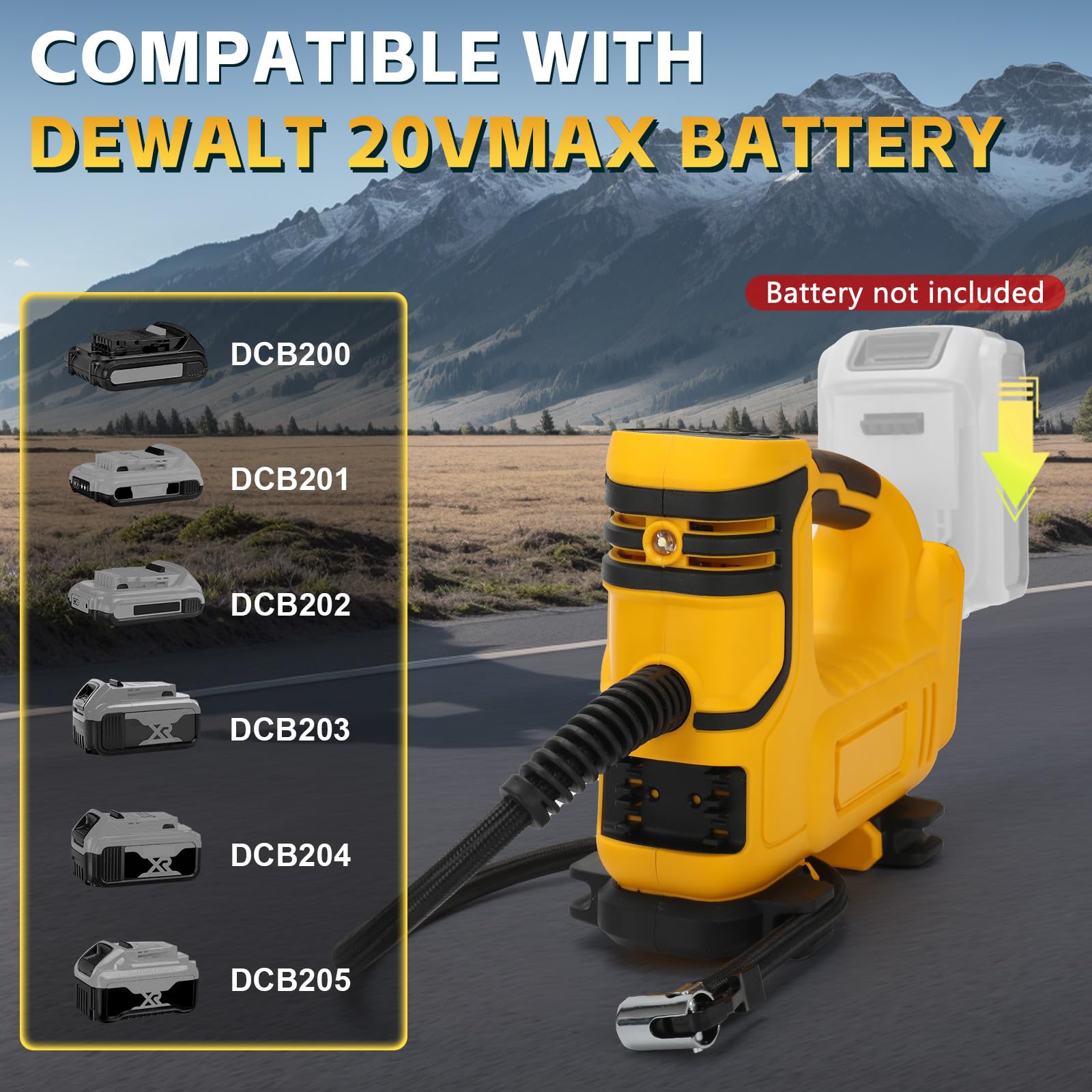 Compressore Aria 120 PSI compatibile con Dewalt 20V batteria, Pompa d’aria Portatile con Manometro LCD, con luce LED e arresto automatico, gonfiatore per auto, moto, biciclette, palle (senza batteria)
