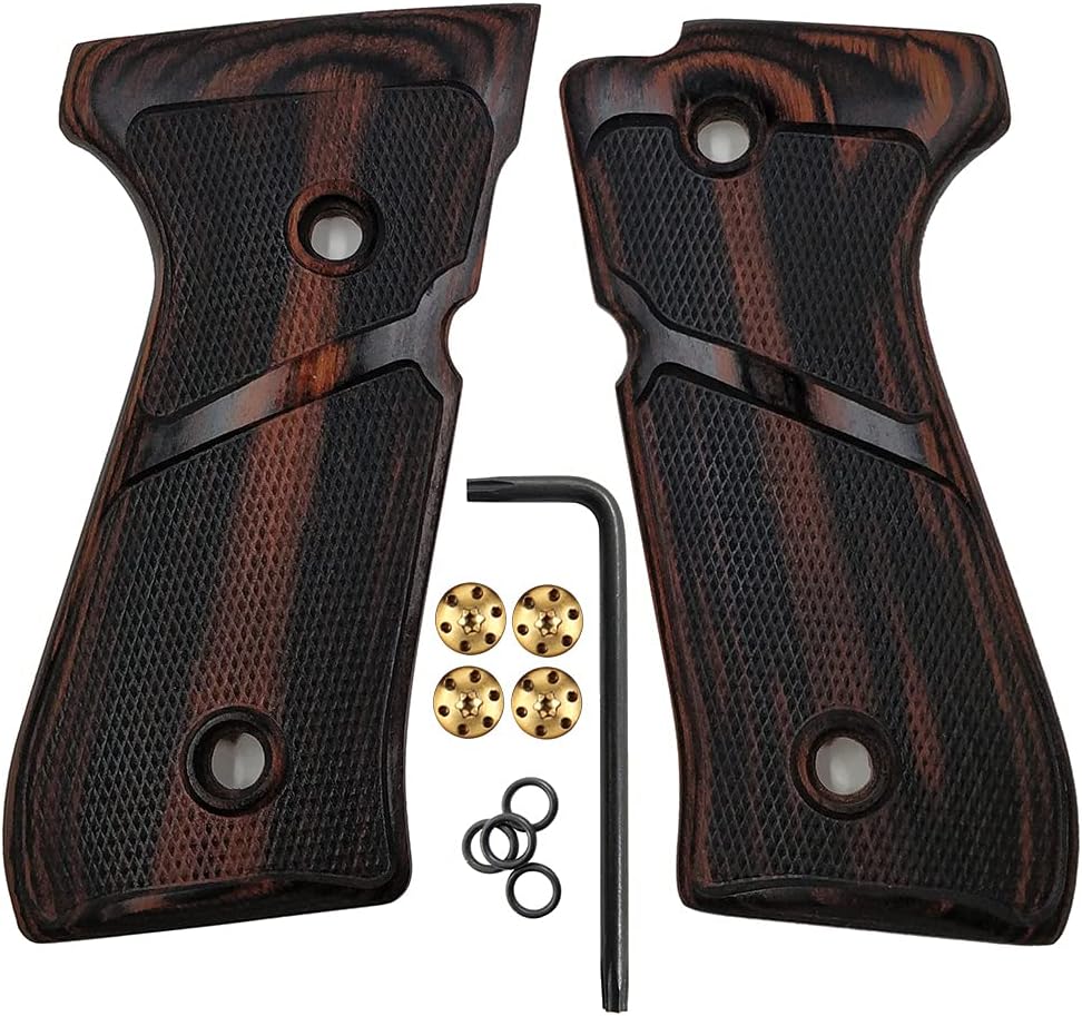 Cool Hand Wood Grips for Beretta 92/96 Full Size, 92 fs, m9, 92a1, 92 INOX, Gold Grips Screws Included, Checker Diamond Cut Texture, 1/4" Thin
