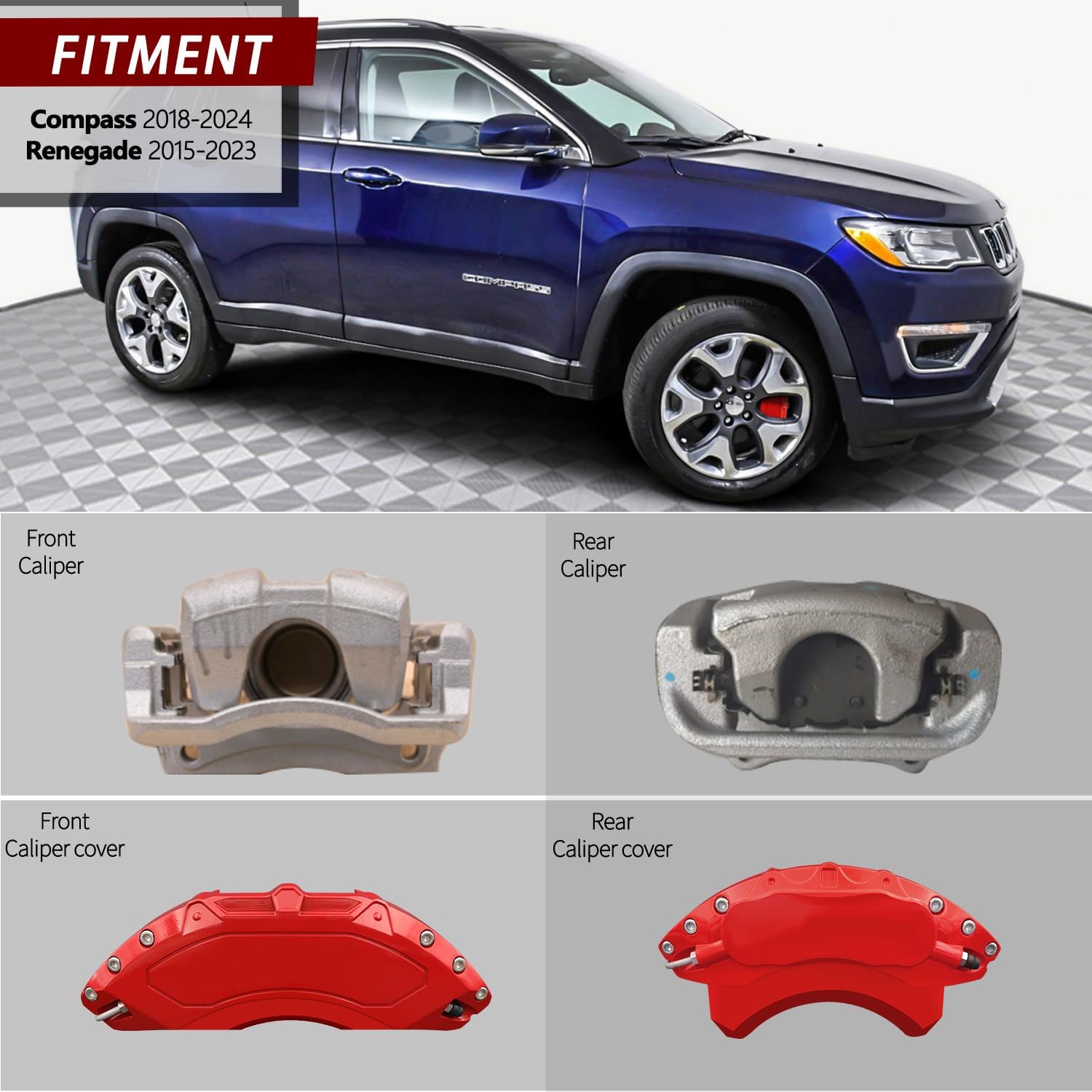AOOA Caliper Covers Red Brake Aluminum Covers FitsJeep Compass 2018-2025 18 19Inches Wheel //Renegade 2015-2023(Set of 4)