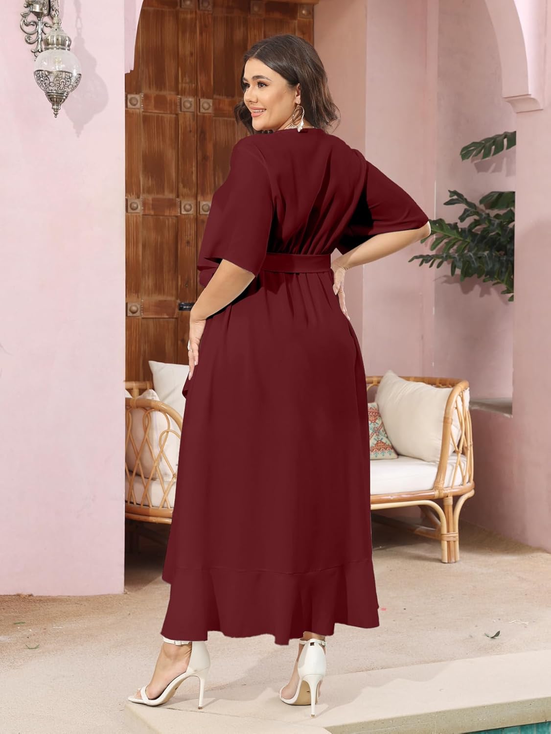 SCOMCHIC Women Plus Size Maxi Dress Short Sleeve Wrap V Neck High Low Split Ruffle Long Dress