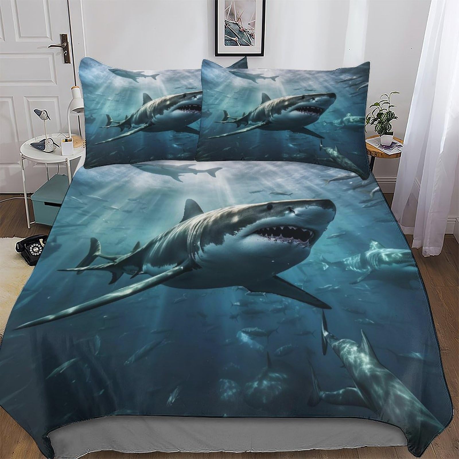 LLXXHH Shark Comforter Cover Bedding Set Kids Duvet Cover Bedspread Cover with Pillowcase Soft Quilt Cover for Youth And Adult King(220x240cm)