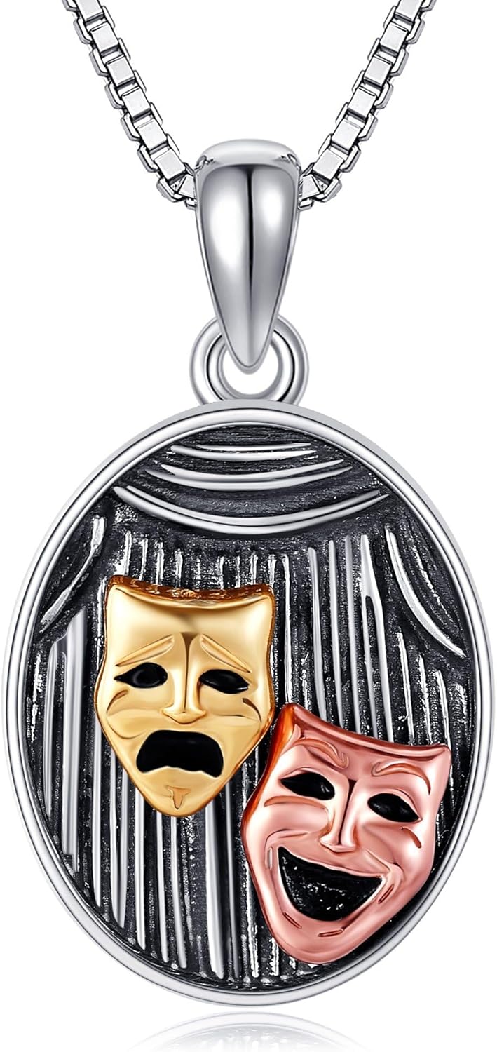 YAFEINI Comedy Tragedy Masks Necklace 925 Sterling Silver Drama Theater Pendant Necklaces Comedy Tragedy Masks Jewelry Gifts for Women Men Drama Lovers