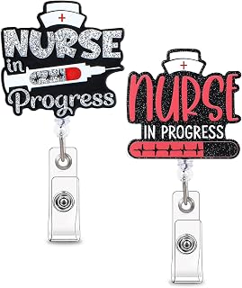 2 Pcs Nurse in Progress Badge Reel Nursing Student Badge Reel Student Nurse Badges Reels Cute Nursing ID Card Badges Holder Retractable with Clip for Doctor Medical Assistant