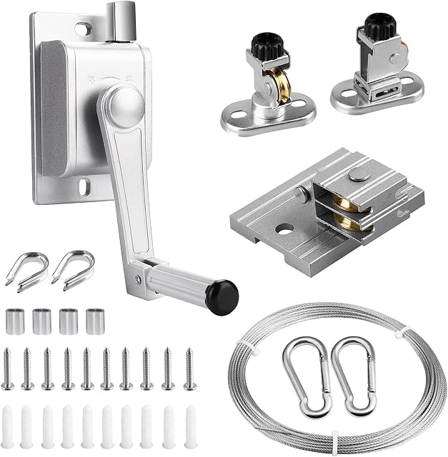 FSHIHINE Washing Line Pulley System with Manual Winch, Wire Rope Cable, Thimble, Aluminium Clamp Sleeve, Pulley Block Built-in Wire Hand Winch Set for Ceiling Clothes Line Crane Lift Chandeliers Plant