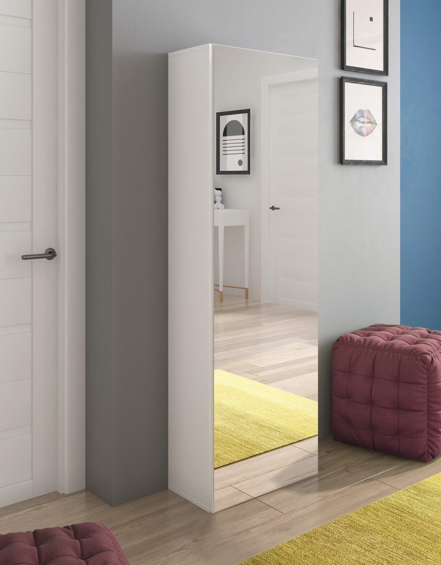 Bricozone Scarpiera Con Specchio Alta Salvaspazio Moderna Fino A 14 Paia Di Scarpe Mobile Slim Da Ingresso Con Anta Reversibile 7 Ripiani Bianco Lucido Arredo Per Corridoio O Camera Da Letto