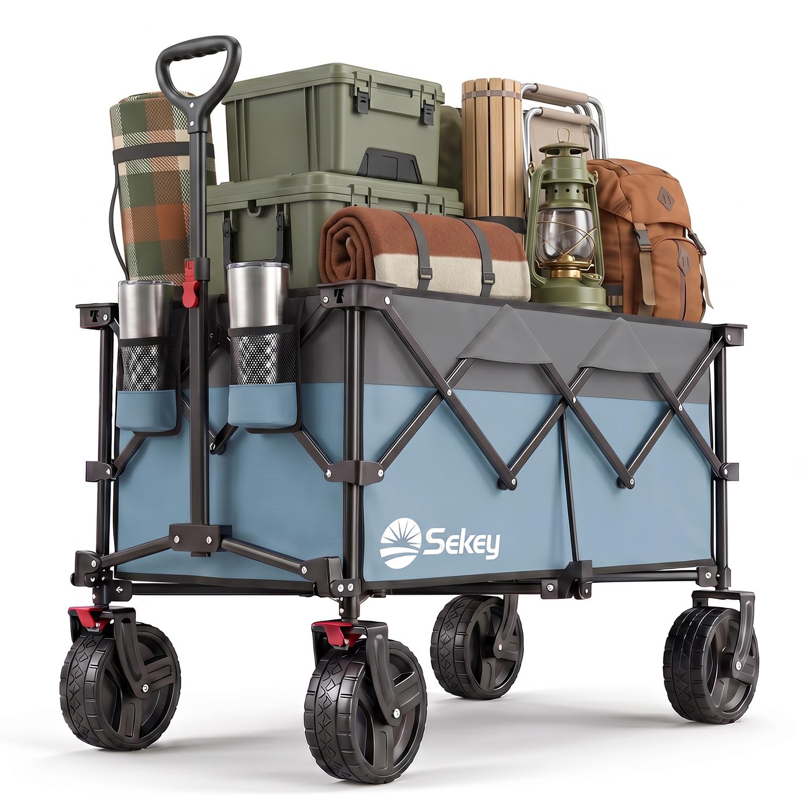 Sekey XXL Plus 4011 Bollerwagen Faltbar 200L 200KG All-Terrain Reifen | Faltbollerwagen Extra Breite Räder mit Bremse Handwagen, Patentiert 4-Wege-Sofortaufbau Transportwagen,Blau&Grau