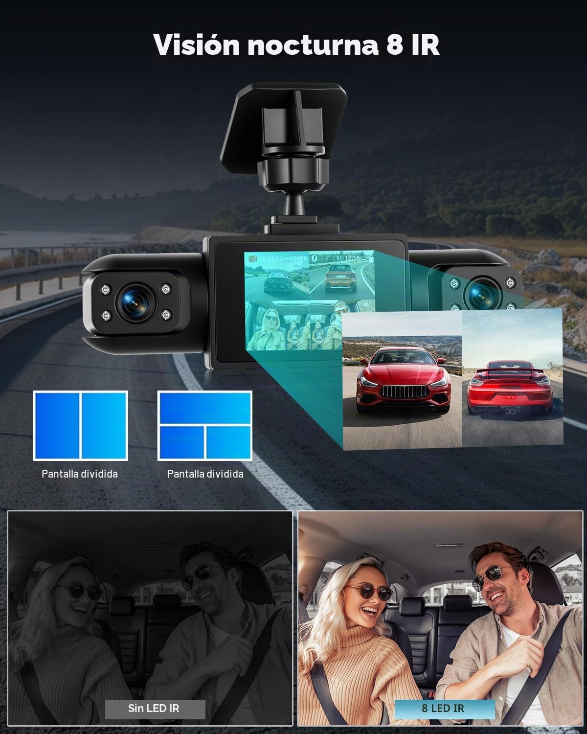 Cámara para salpicadero de 4 Canales y 1080p - cámaras Delantera, Izquierda, Derecha y Trasera, Pantalla de 3 Pulgadas, visión Nocturna por Infrarrojos, grabación en Bucle y detección de Movimiento