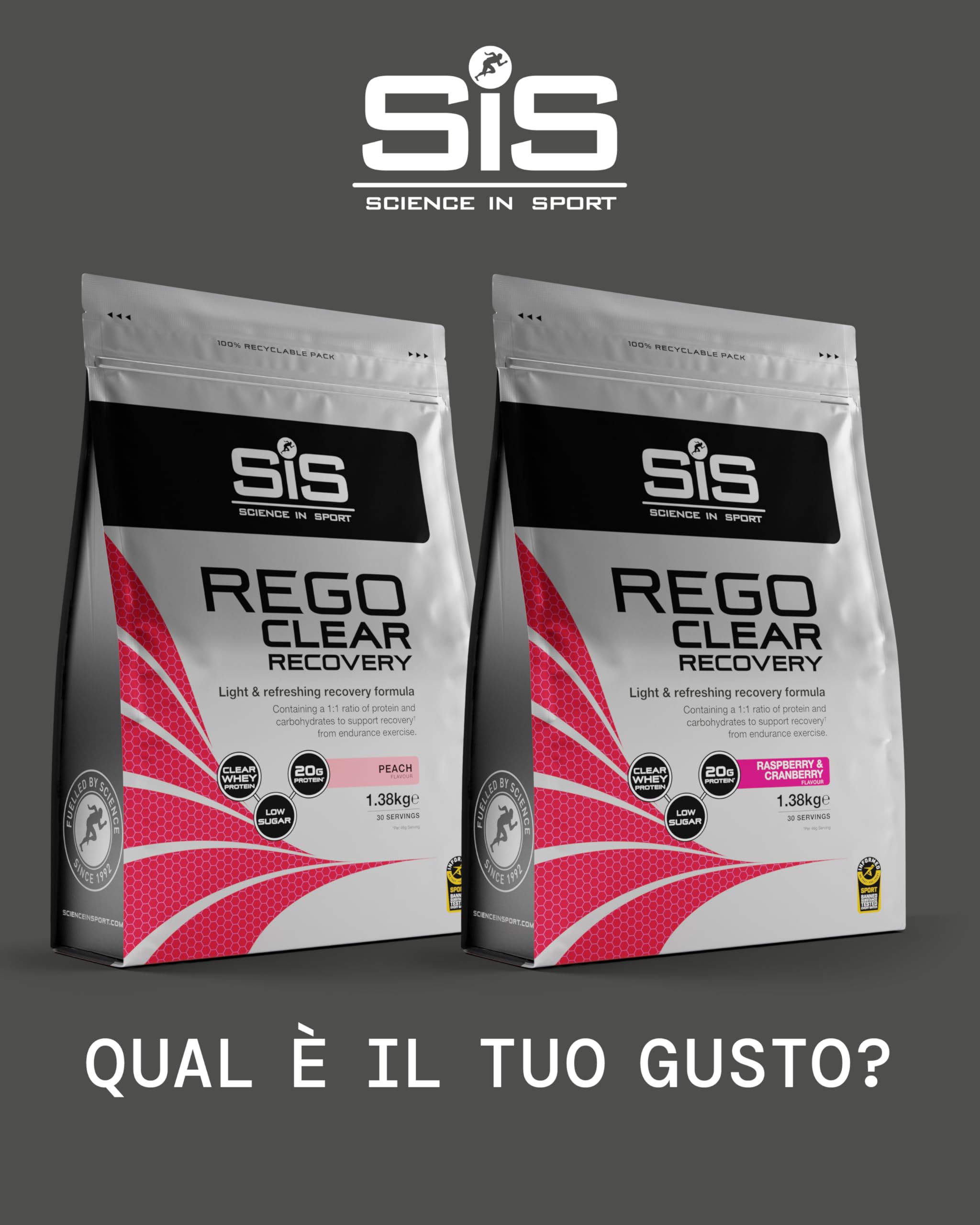 Science in Sport Rego Polvere Clear Isolate 1,38kg Pesca - Polvere per Bevande di Recupero con Carboidrati, Proteine e Vitamine, Supporta un allenamento efficace