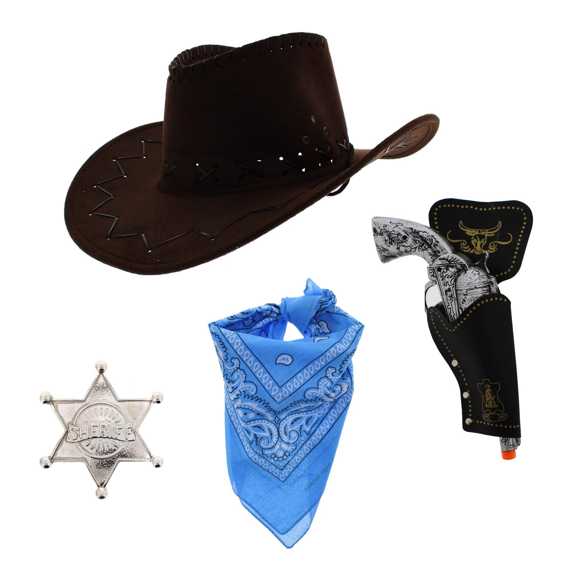 Zac's Alter Ego Fancy Dress Unisex 4 Piece Cowboy Set, Brown Hat, Baby Blue Bandana - Image 2