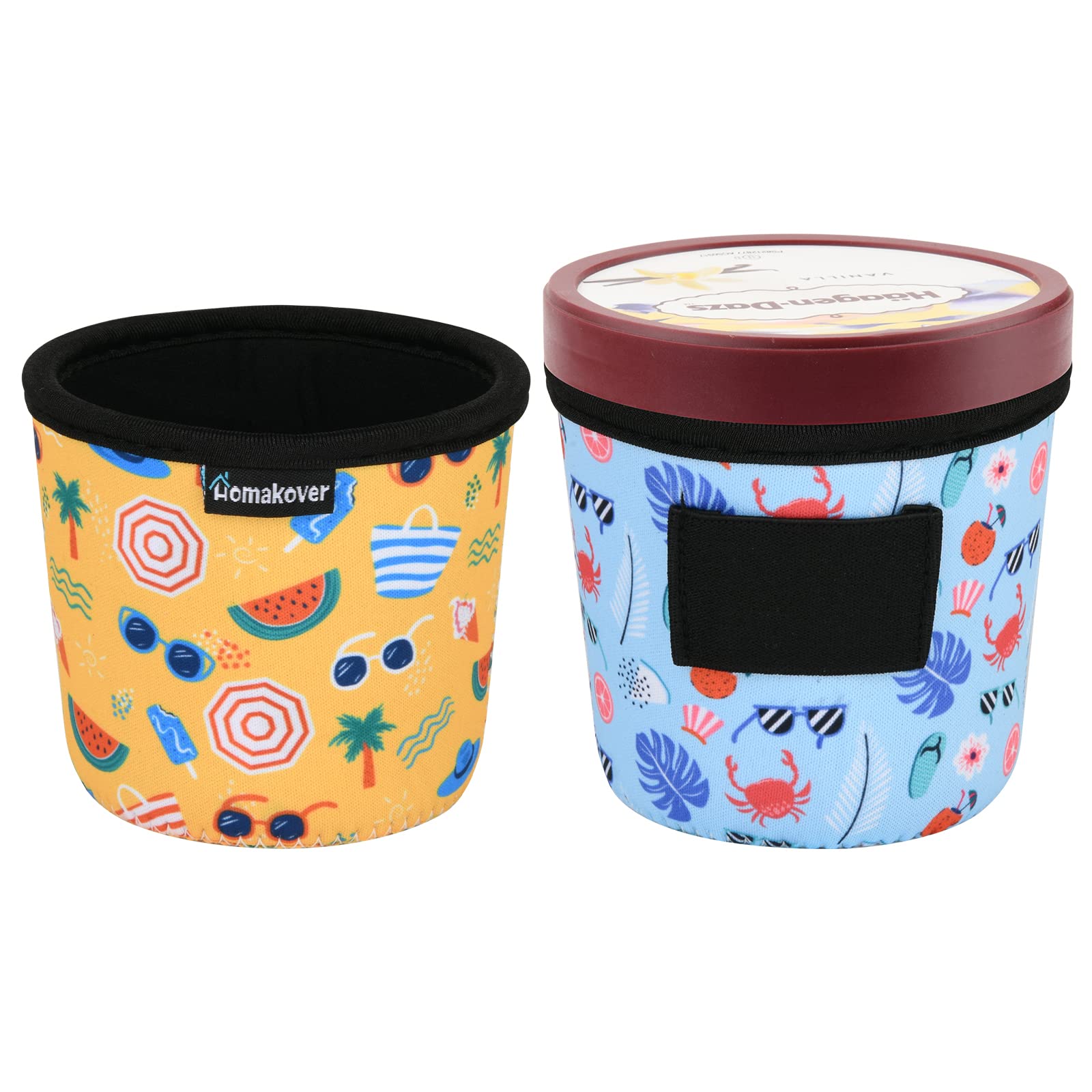 2 Pack Beach Style Pattern Print Size Ice Cream Sleeves Neoprene Cover with Spoon Holder Cover (Beach (2PCS))