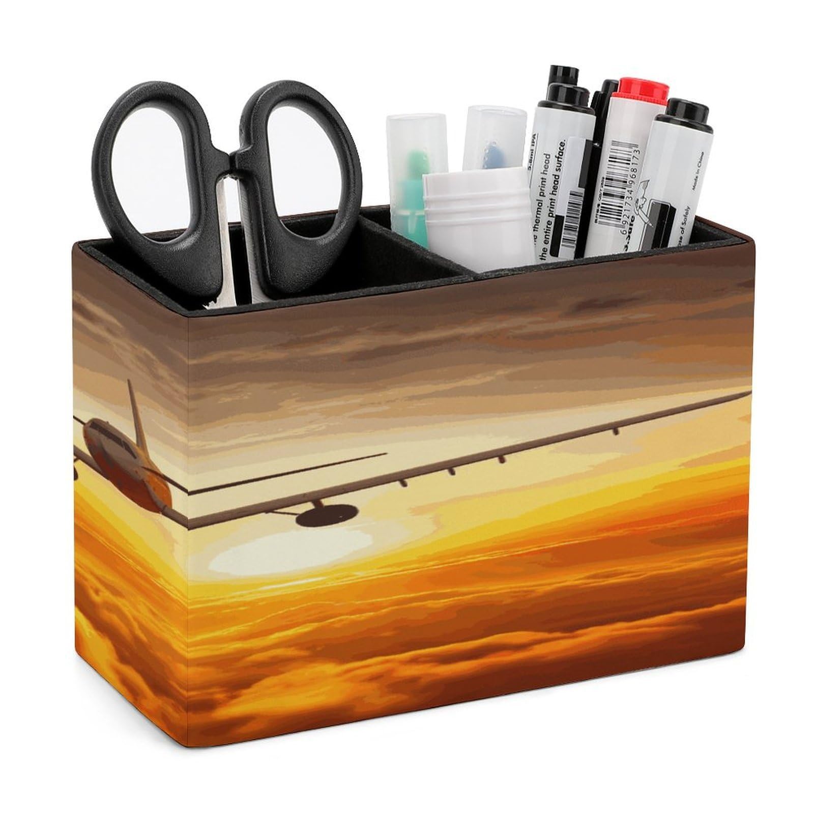 VstaDank Aircraft Plane at Sunset Pencil Holder for Desk(Double Slots) Fashion Leather Pencil Cup Simple Rectangular Shape Pen Holder Multi-Functional Pen Cup for Home Office Supplies Storage