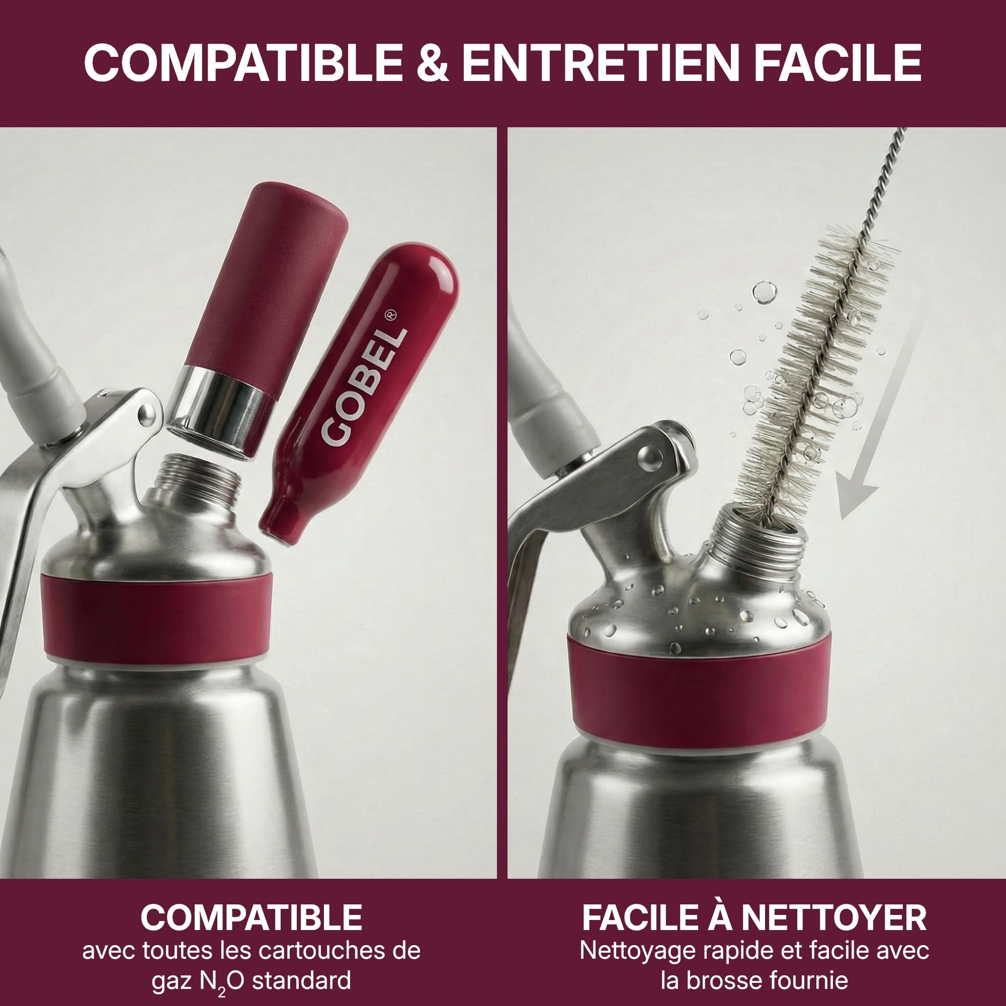 Gobel - Siphon chantilly professionnel cuve et tête inox 0,5L - NF D21-901 | Chantilly, sauces, espumas, chaud ou froid jusqu'à 70°C ; certifié NF D21-901 et TÜV ; 3 douilles et brosse incluses
