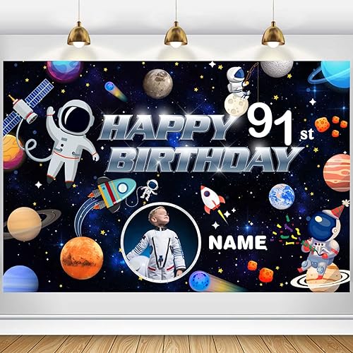 Cartel de decoración de cumpleaños número 91 con tema espacial personalizado, pancarta de tela personalizada para suministros de fiesta de