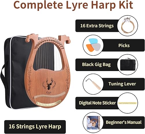 Miniatura 2 de Arpa de lira, 16 cuerdas de caoba arpa acústica con cuerdas adicionales, púas, palanca de afinación, bolsa de concierto negra, manual para