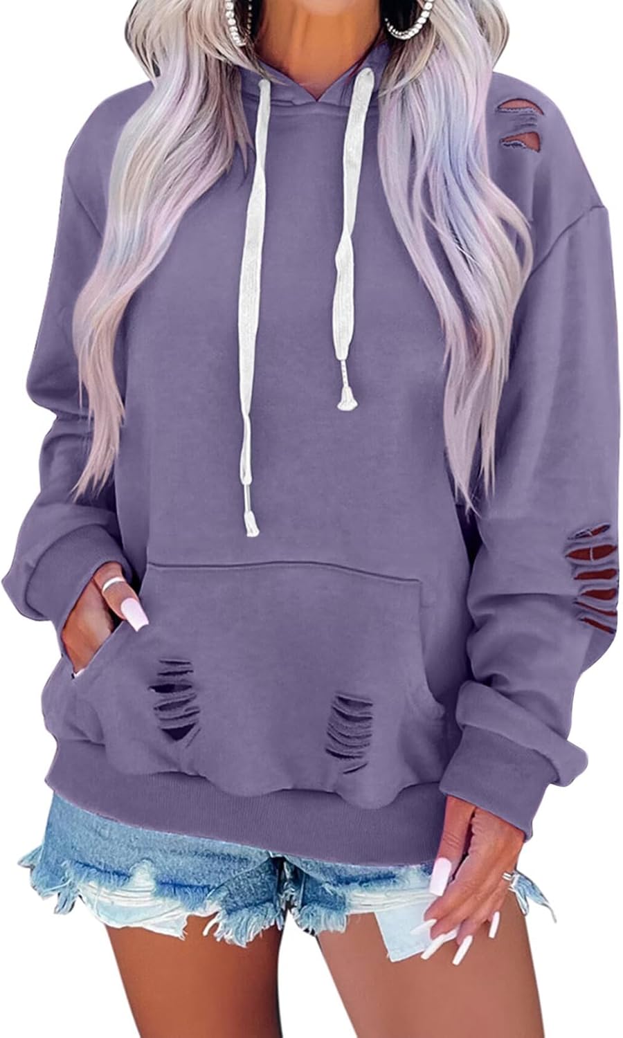 EADINVE Women’s Hooded Sweatshirt Hollow Out Distressed Long Sleeve Drawstring Hoodie with Kangaroo Pocket