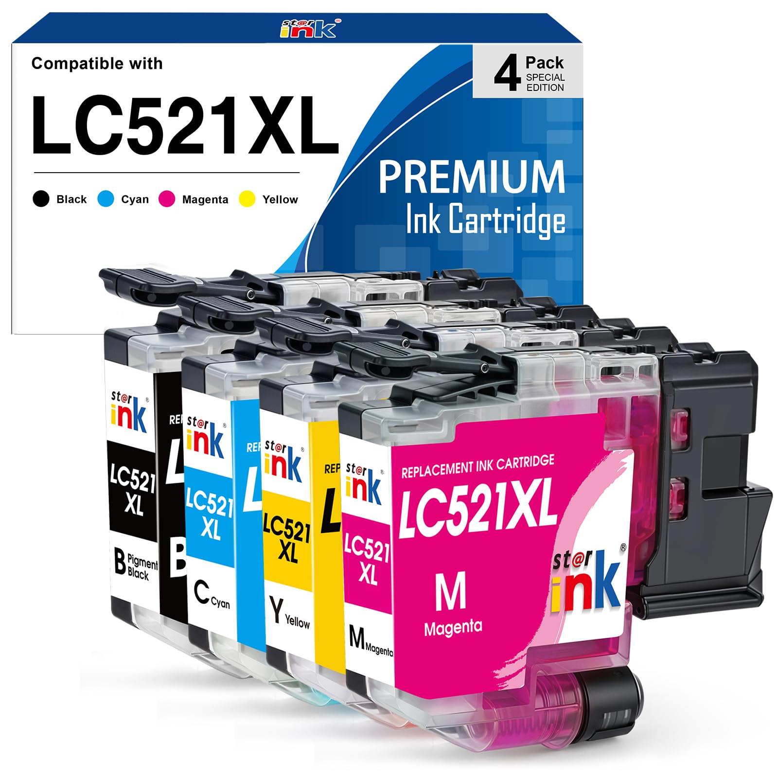 Starink Cartucce d'inchiostro LC521XL Compatibili con Brother LC521 XL, LC 521 per Brother DCP-J1260W, DCP-J1310DW, DCP-J1313DW, DCP-J1360DW, DCP-J1460DW, Nero, Ciano, Magenta, Giallo, Confezione da 4