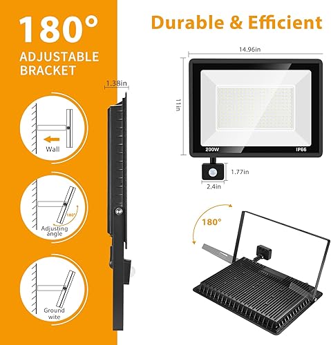 Miniatura 3 de YANYCN Paquete de 2 luces LED de 200 W con sensor de movimiento, luz de trabajo LED con enchufe, reflectores impermeables IP66 súper brillantes para