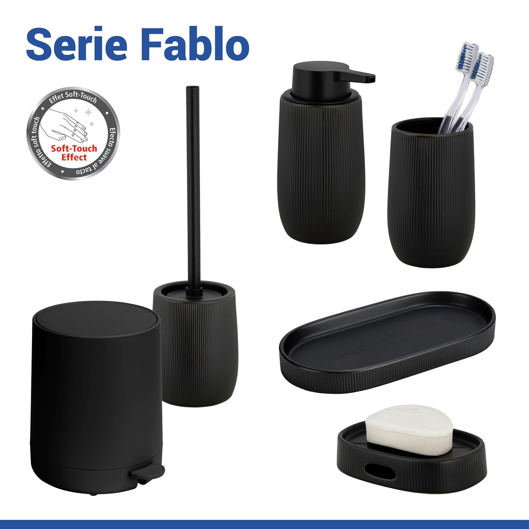 WENKO Kosmetik Treteimer Mod. Fablo aus Kunststoff, Soft-Touch-Beschichtung, Bad-Mülleimer 5 L, Abfalleimer mit Easy-Close Absenkautomatik und Einsatzbehälter, für Bad, Küche oder Büro, schwarz matt