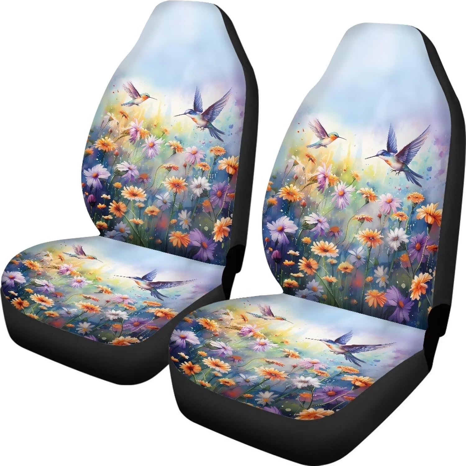 Talayituse Hummingbird Daisy Print Car Seat Covers 2 Pcs, Auto Universal Front Seat Protector, Men Women Automobile Interior Decorate Accessories