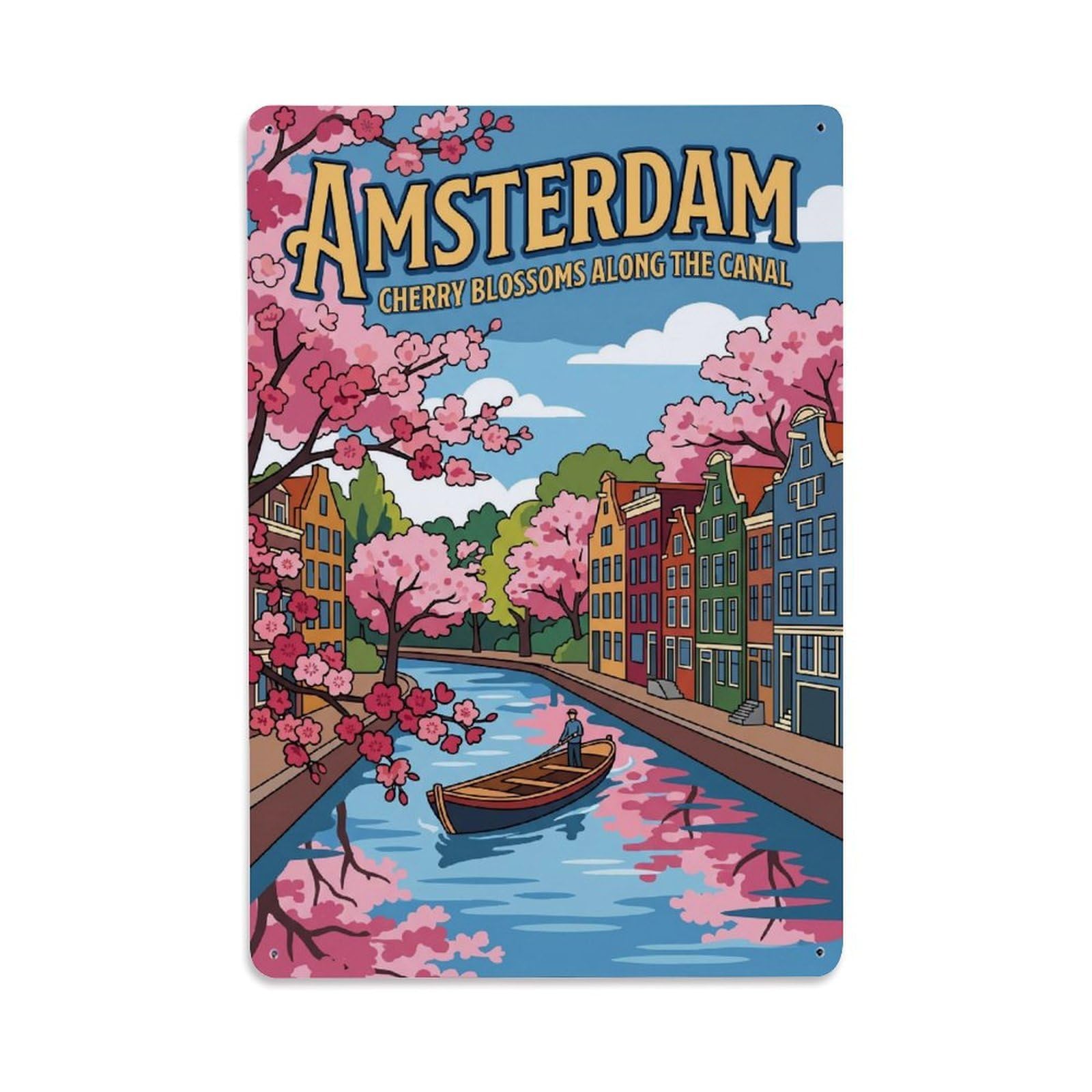 Okngb Style Cherry Blossom Amsterdam Dutch Retro Country Route Metal Tin Sign Plaque Wall Decor For Cafe, Man Cave, Club Bar, Office, Home Garden Round Metal Poster 8X12inch