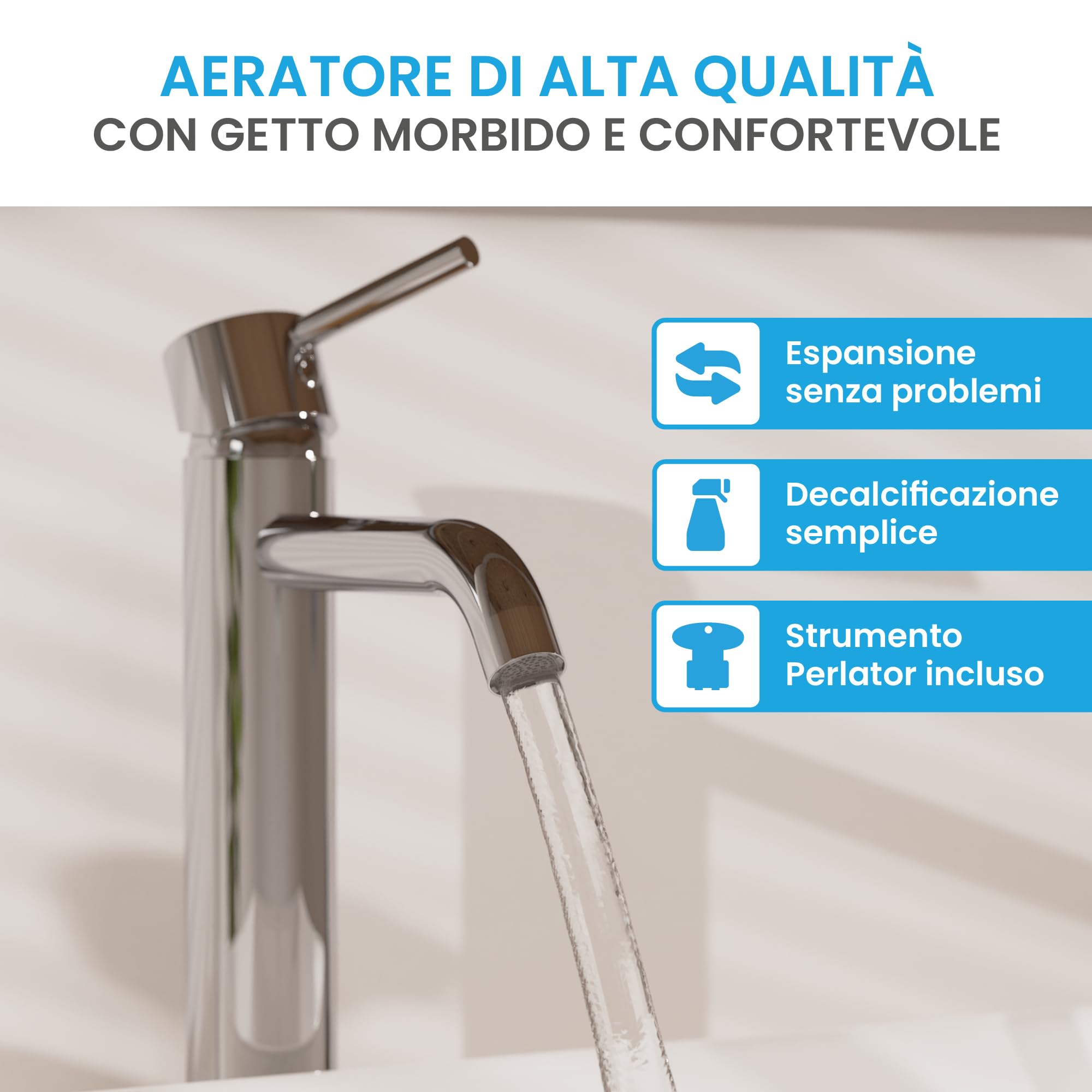Bächlein - Miscelatore per bagno Susara alto con erogatore curvo, monocomando di design extra alto per lavabo da appoggio con cartuccia in ceramica duratura e set di montaggio, rubinetto per bagno