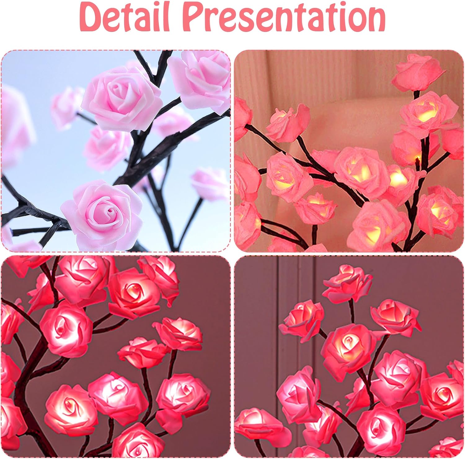 Rose Flower Tree Lamp, LED Rose Bedside Table Lamp Battery Powered or USB Adapter, Nightstand Lamp for Living Room, Bedroom, Office Gift for Mother’s Day Anniversary Birthday (Pink)