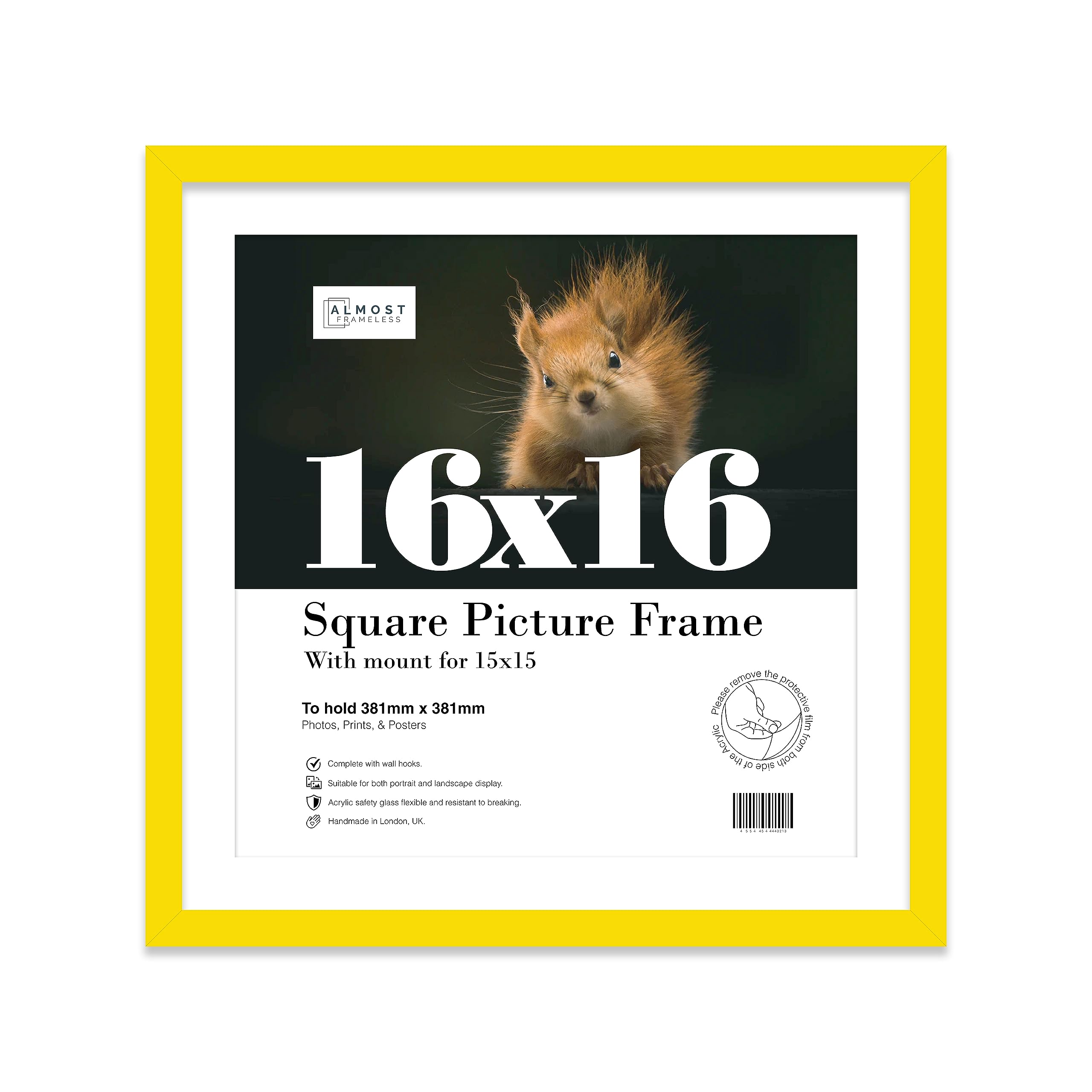 Almost Frameless 16x16 Picture Frame, Display Pictures 15x15 With Mat or 16x16 Without Mat, Wall Hanging Photo Frame, Yellow, 1 Pack